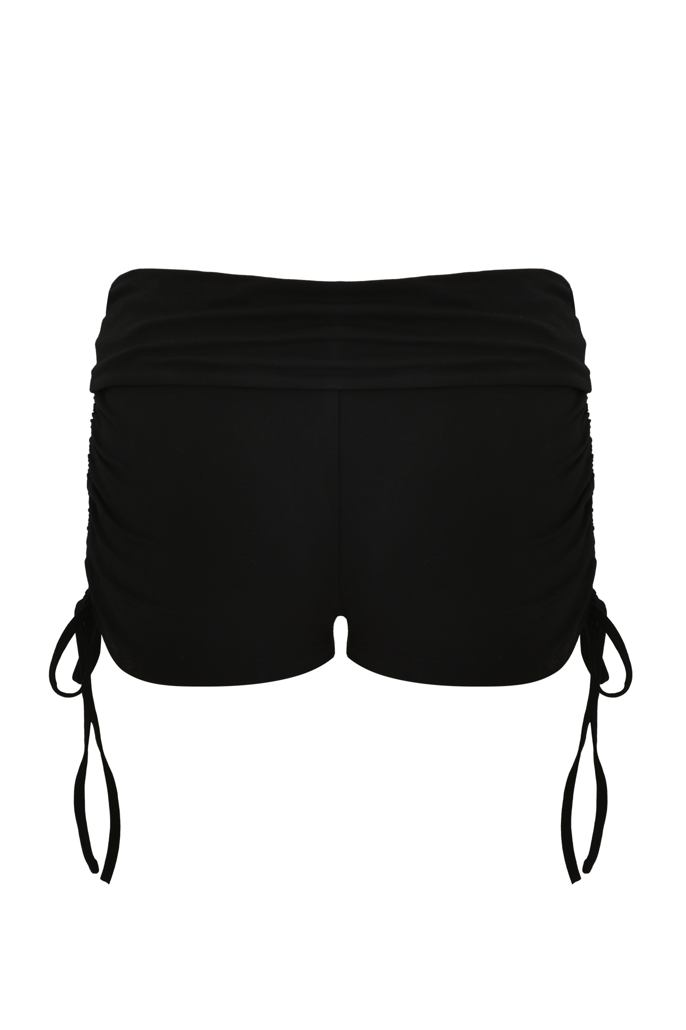 The MIA JERSEY SHORT - BLACK by I.AM.GIA features a low-rise waistband, adjustable side ties, and a smooth, fitted bodycon silhouette viewed from the back.