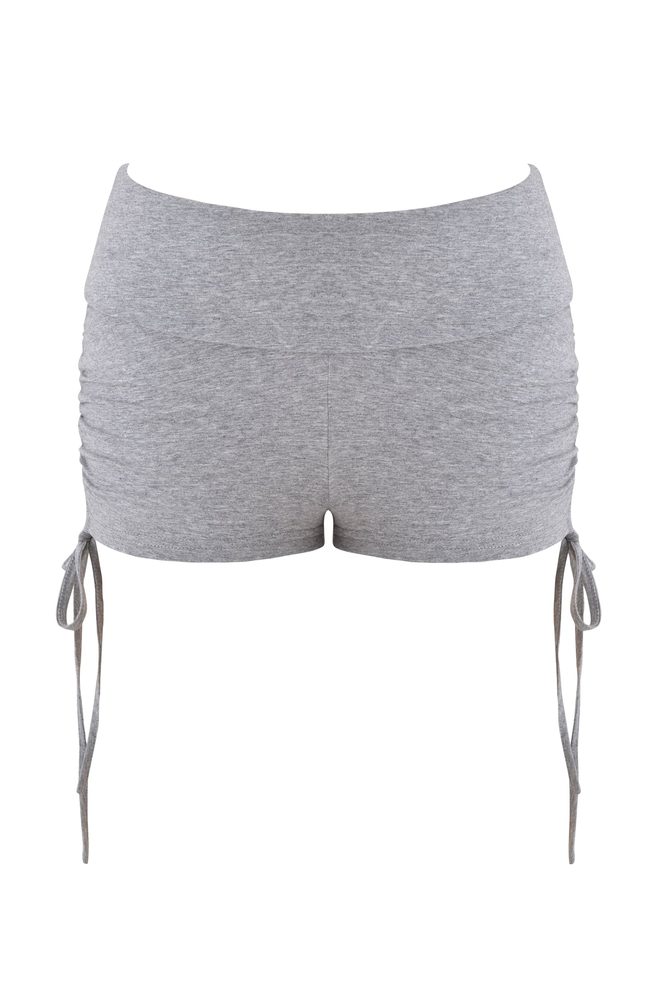 The MIA SHORT - HEATHER GREY by I.AM.GIA are high-waisted, bodycon-fit shorts with side ruching and adjustable drawstring ties, shown from the back on a plain white background.