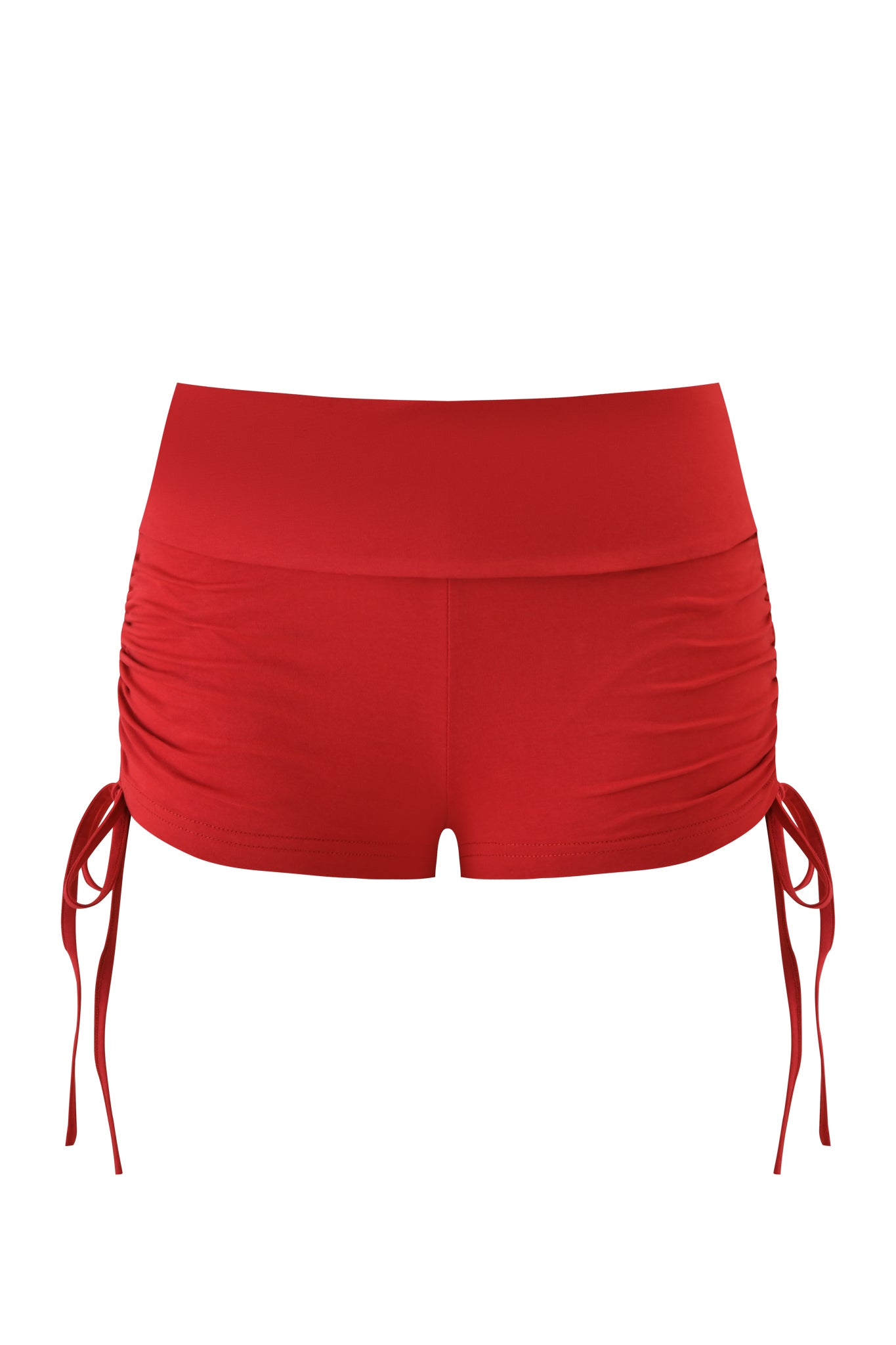 The MIA SHORT - RICH RED by I.AM.GIA features a high-waisted design, side ruching, and adjustable drawstrings, shown against a plain white background.