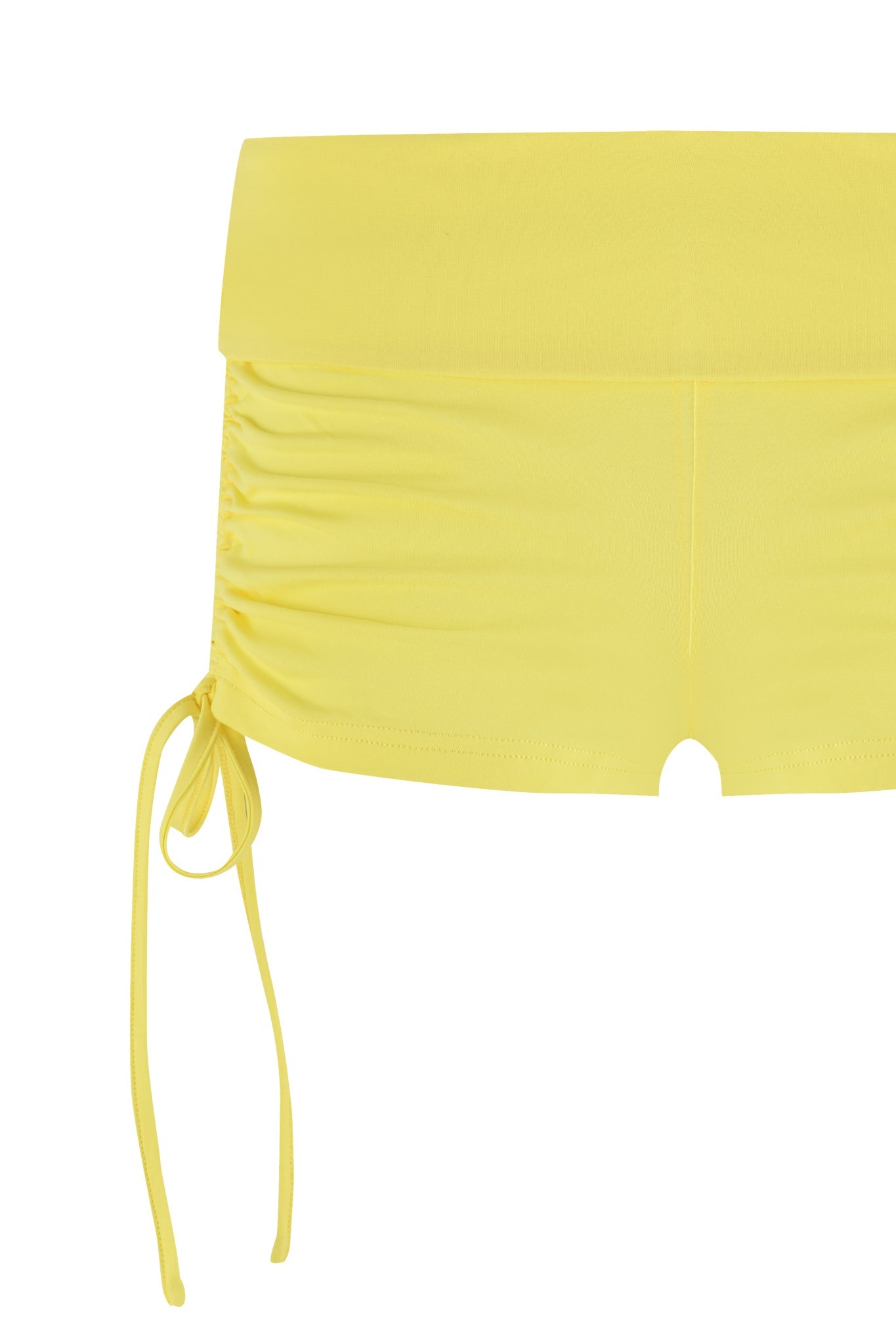 The I.AM.GIA Mia Short in yellow features bamboo fabric, a wide waistband, and stylish ruching with a bow on the left. These low-rise mini shorts offer smooth, stretchy comfort for ultimate style.