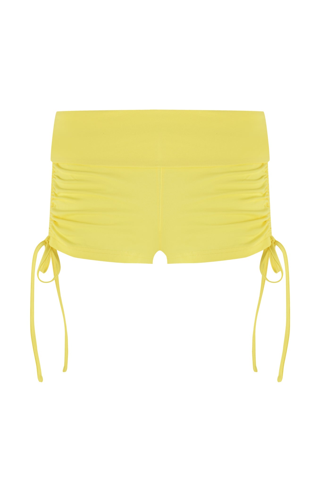 Presenting I.AM.GIA's MIA SHORT - YELLOW: vibrant, low-rise mini shorts with a wide waistband, drawstring ties, and chic ruched sides for a gathered look. Crafted from smooth, stretchy bamboo fabric for ultimate comfort.