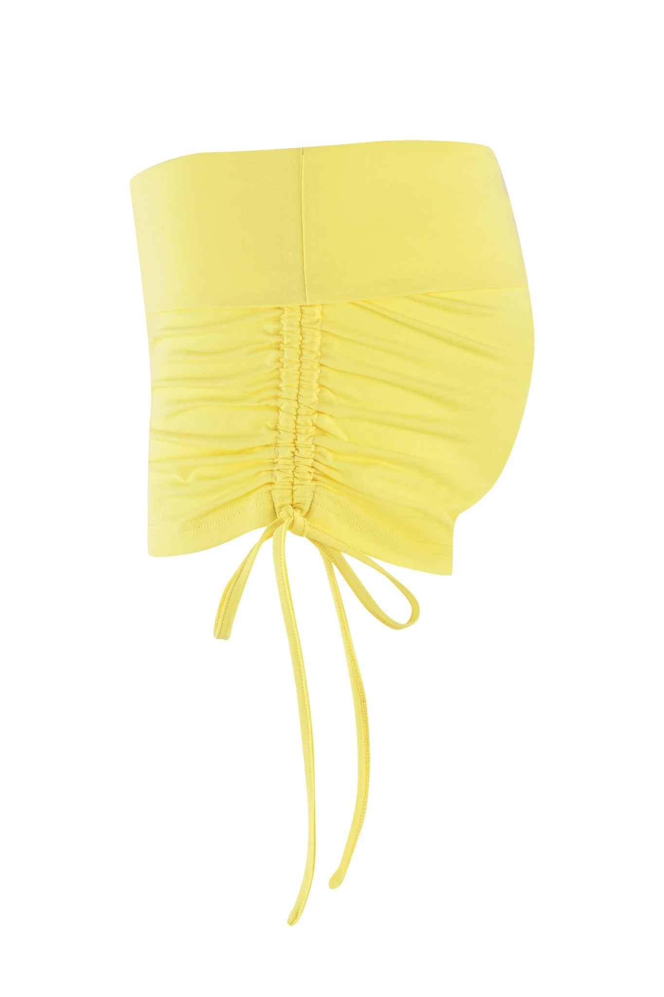 The MIA SHORT - YELLOW by I.AM.GIA is a high-waisted mini skirt with a ruched front and a drawstring tie, crafted from smooth, stretchy bamboo fabric, offering a vibrant contrast against white.