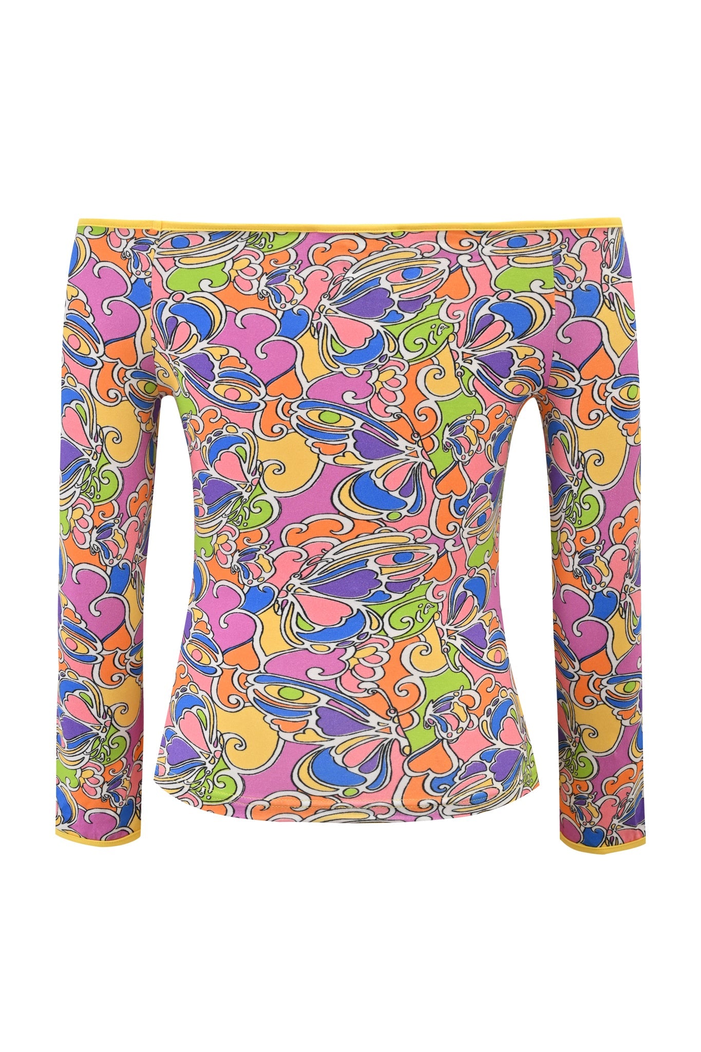 The GINNY TOP - TROPICAL BUTTERFLY BLOOM by I.AM.GIA is an off-the-shoulder long-sleeve top featuring a vibrant butterfly-inspired print in psychedelic pink, orange, yellow, blue, green, and purple.