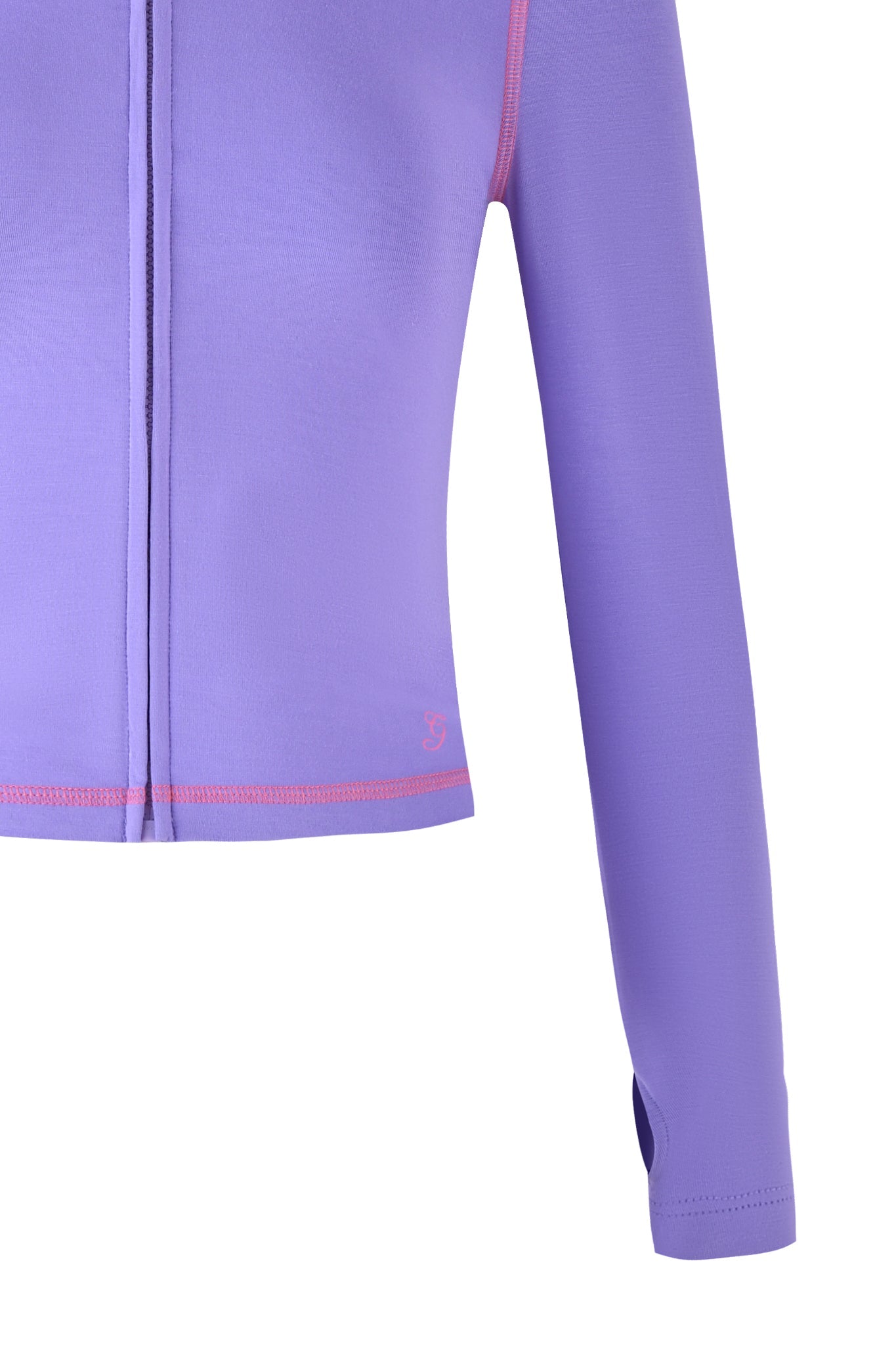 A cropped view of the BLARE HOODIE - PURPLE from I.AM.GIA highlights its long sleeves, purple hue with pink stitching, and thumbhole detail. This athletic top features a subtle hem logo, merging style with functionality.