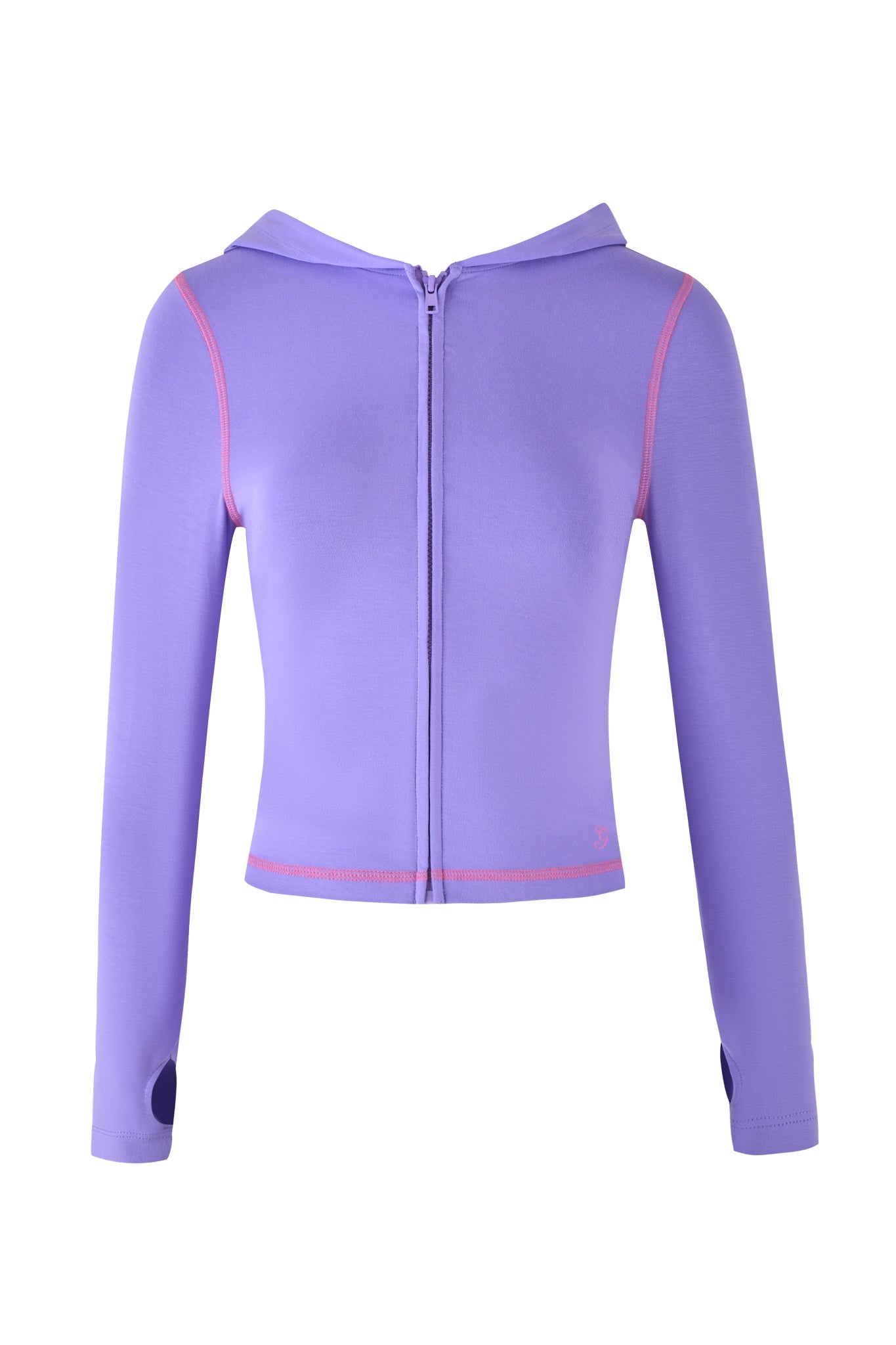 The BLARE HOODIE by I.AM.GIA is a purple long-sleeve athletic top with a front zipper and thumb holes, accented by pink stitching. Its sleek bodycon silhouette ensures comfort and style for both sports and casual wear.