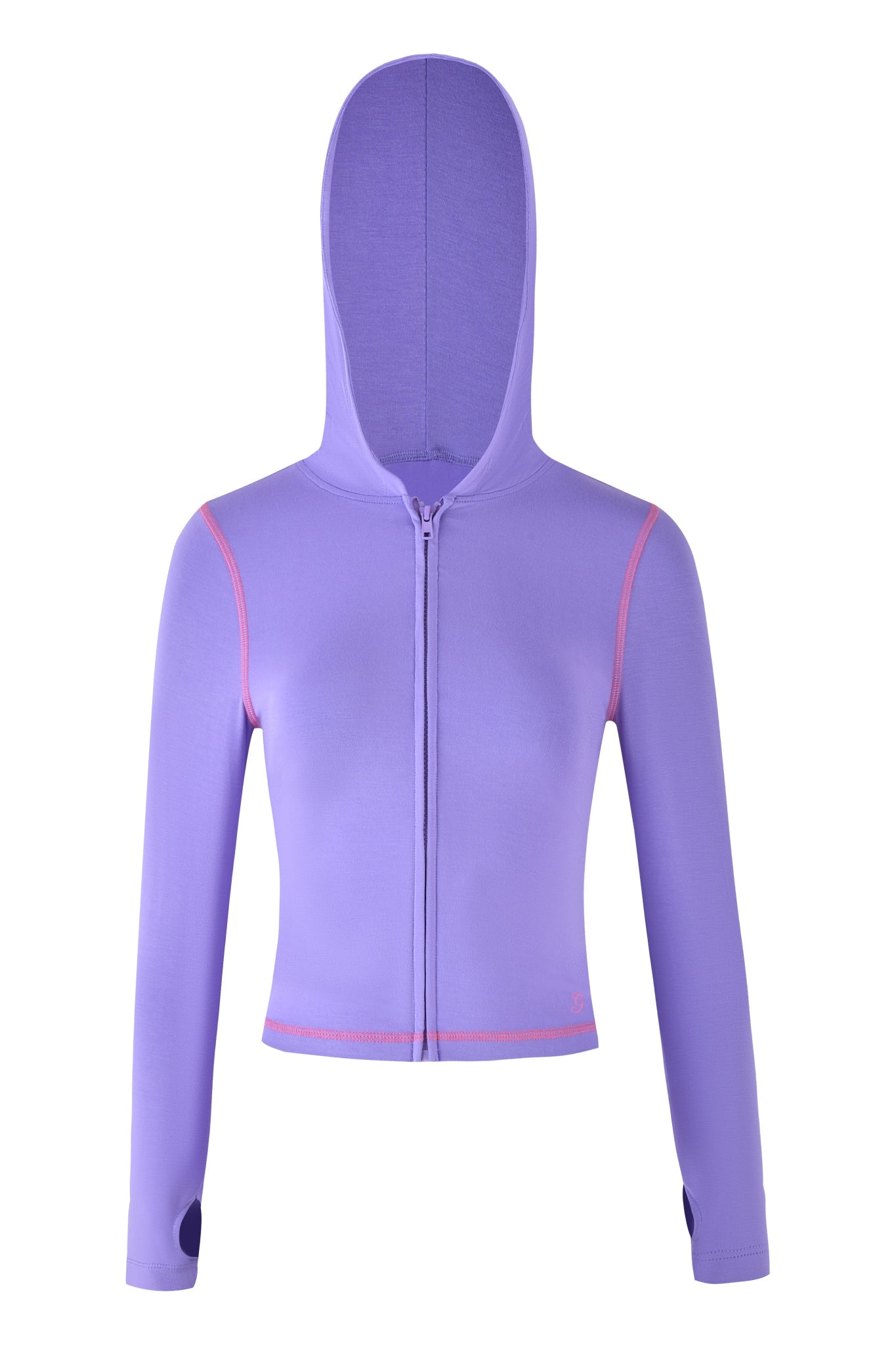The BLARE HOODIE by I.AM.GIA features a purple colorway with pink seams, long sleeves, thumbhole cuffs, a front zipper, and a bodycon silhouette beautifully set against a white background.