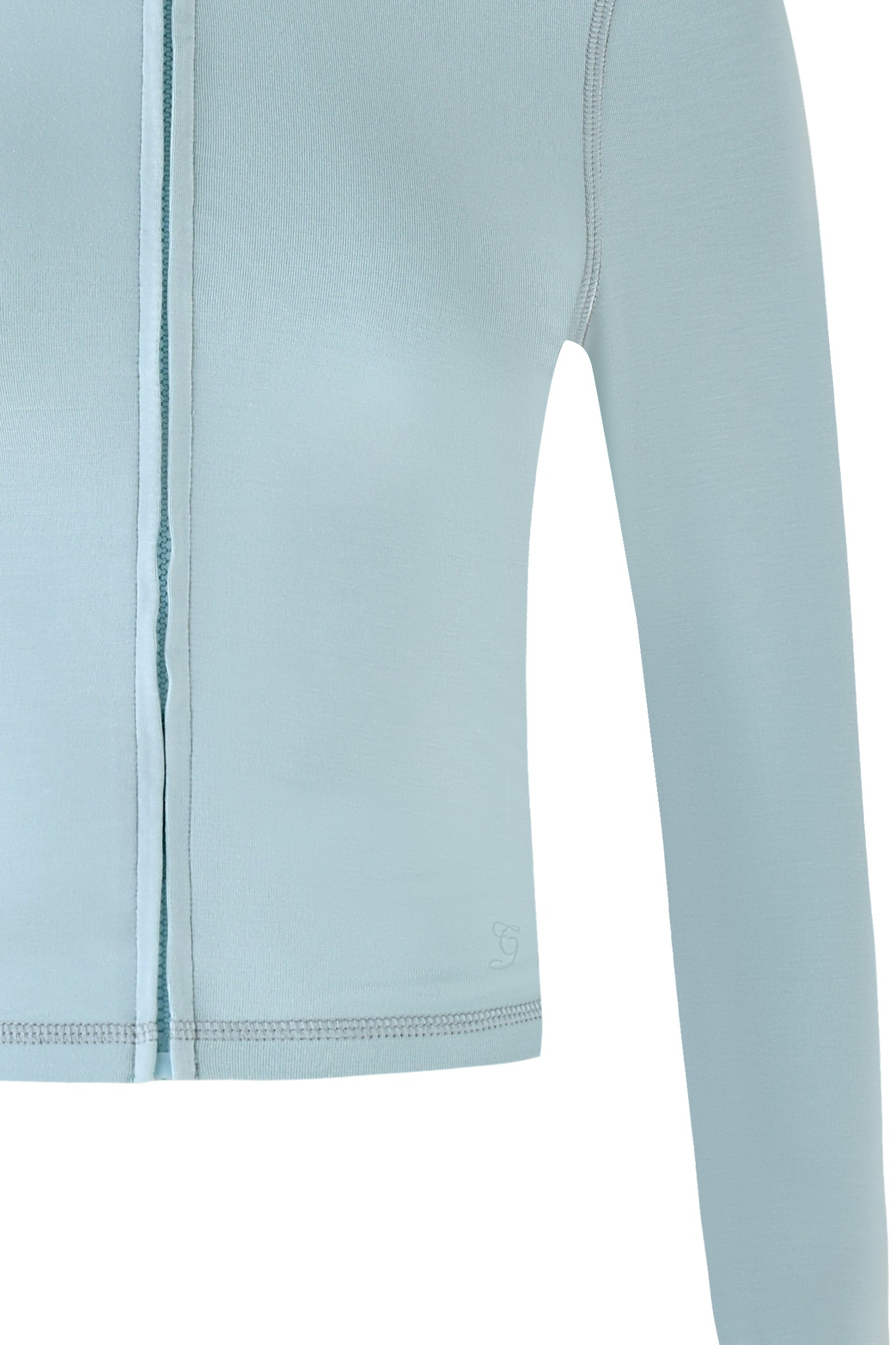 The I.AM.GIA BLARE HOODIE in Seafoam is a light blue long-sleeve top crafted from soft bamboo with a center vertical seam and subtle stitching, echoing a simple yet elegant design that emphasizes the left half.