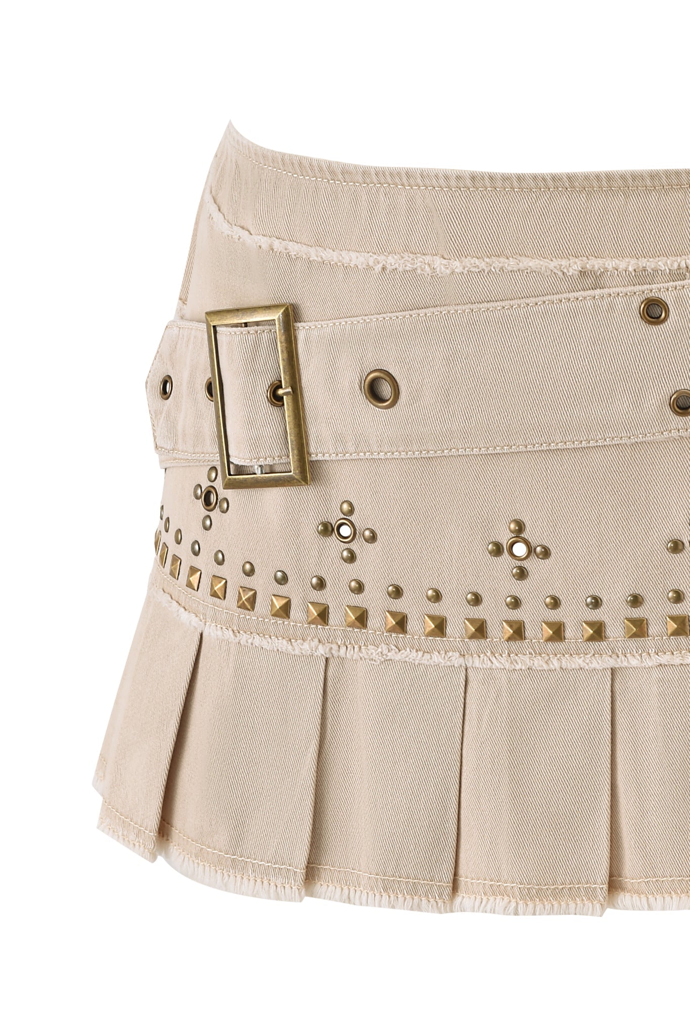 The I.AM.GIA MASON MINI SKIRT in tan is a chic, low-rise canvas mini skirt with pleats, a wide waistband, gold buckle, and patterned stud embellishments for added style.