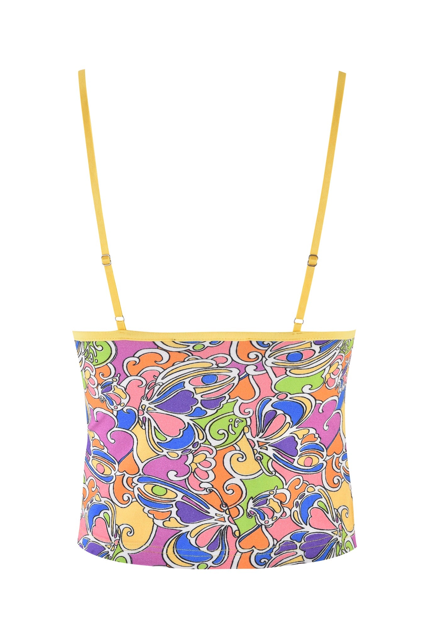 The ETTA TOP - TROPICAL BUTTERFLY BLOOM by I.AM.GIA features a V-neckline, thin yellow straps, and a vibrant abstract pattern in purple, orange, green, yellow, and pink on white—perfect for a bold summer look.
