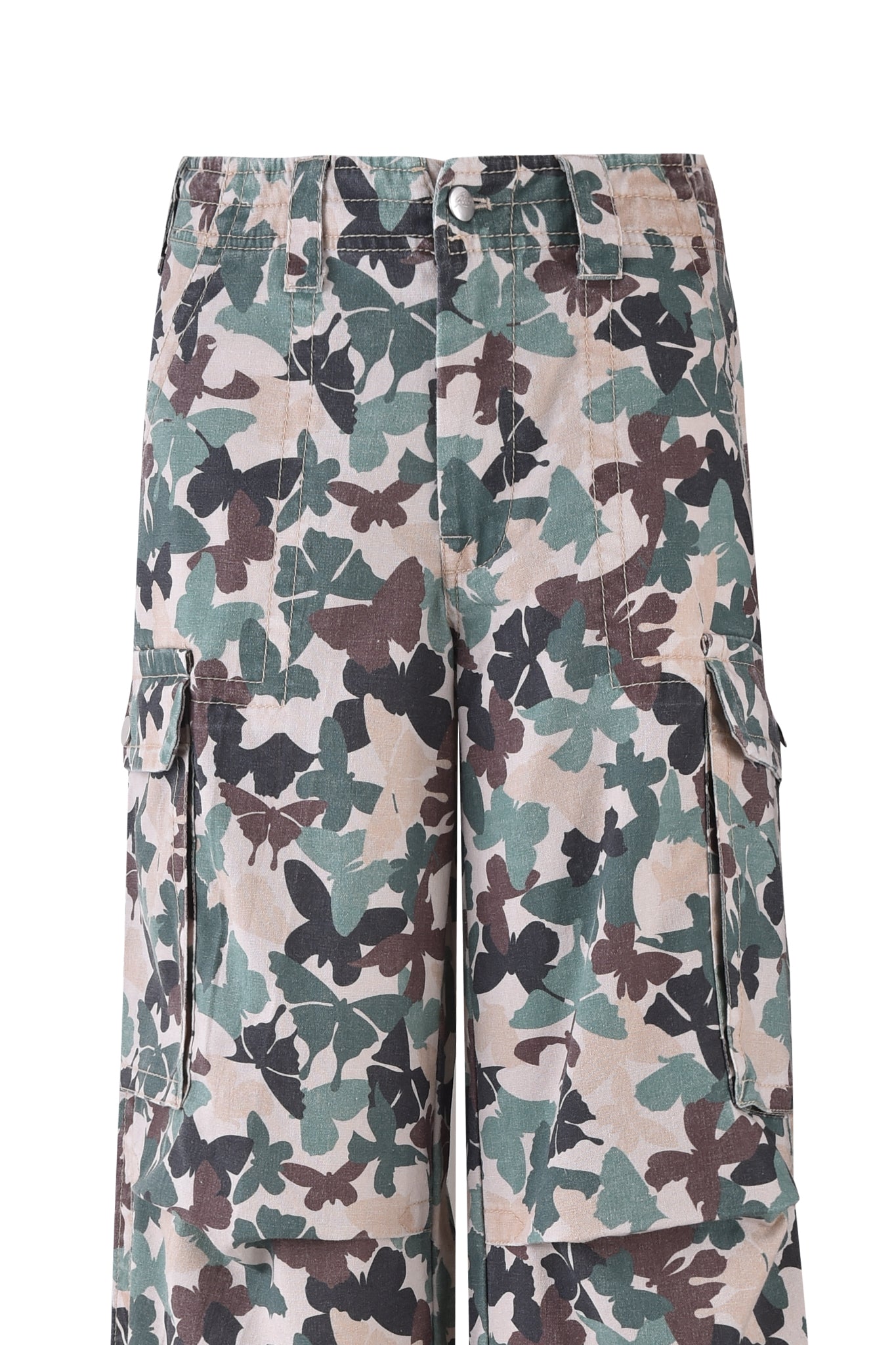 The I.AM.GIA EFFIE Cargo Pant in Flutter Camo features a distinctive butterfly camo with green, black, brown, and beige leaf patterns. Made from linen, it includes multiple pockets and a buttoned waistband.