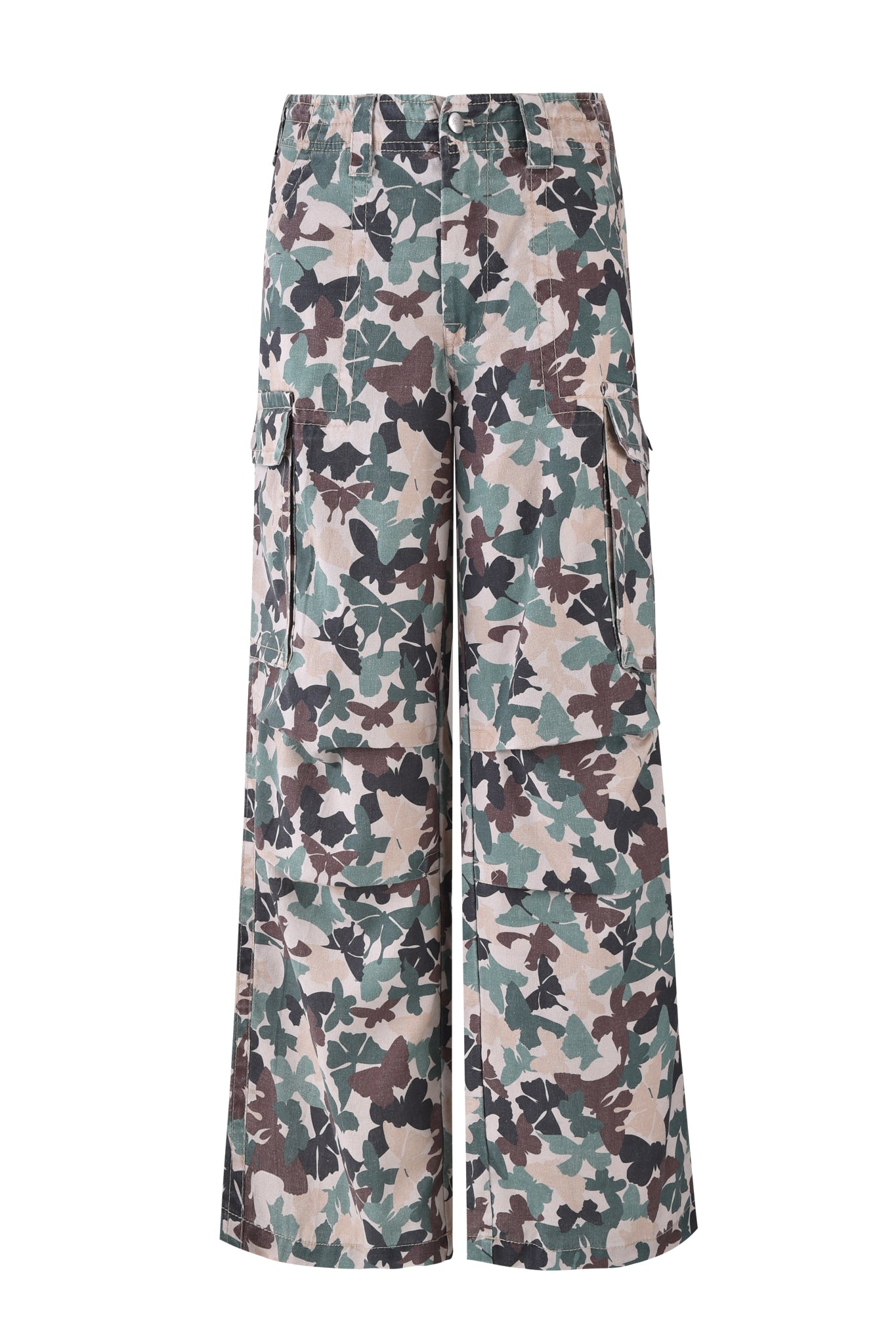 The I.AM.GIA EFFIE CARGO PANT - FLUTTER CAMO showcases a butterfly camo design in green, brown, and beige with large side pockets and a fitted waistband on a plain white backdrop.