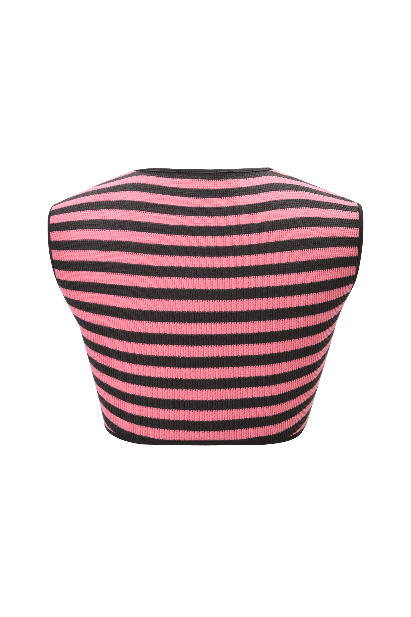 The RICA TOP - PINK/GREY by I.AM.GIA is a fitted cropped short-sleeve top with horizontal pink and grey stripes, ribbed waffle-knit fabric, and a wide neckline that extends over the shoulders. Background is plain.