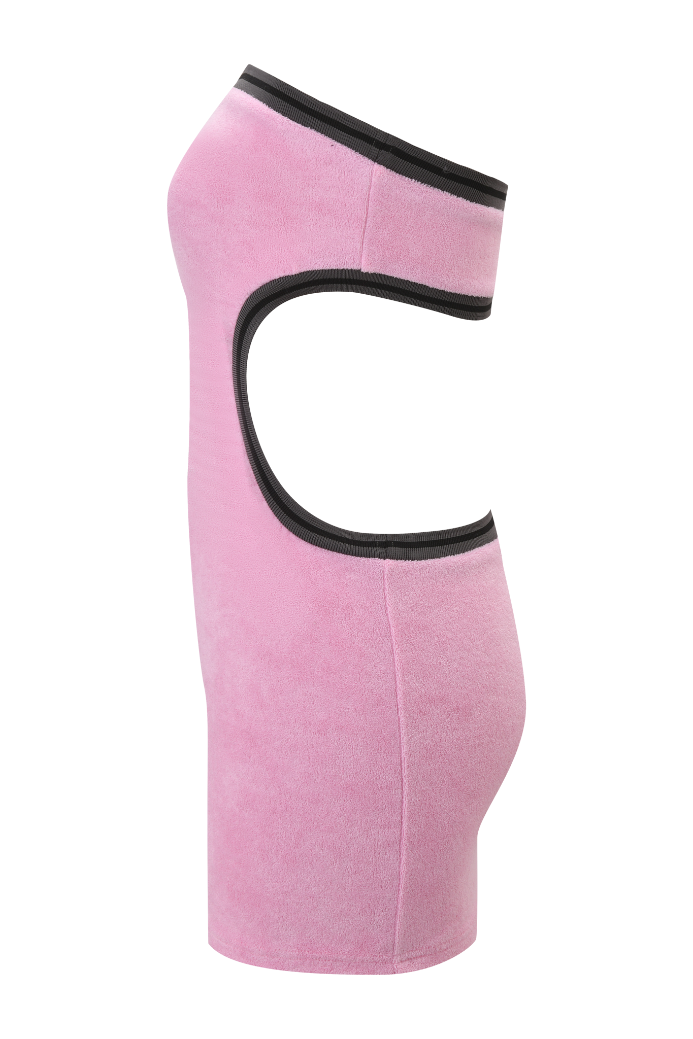The DANI MINI DRESS - PINK by I.AM.GIA is a pink terry towelling body-con mini with a black-trimmed large side cutout, shown on a mannequin in side profile against a white background.
