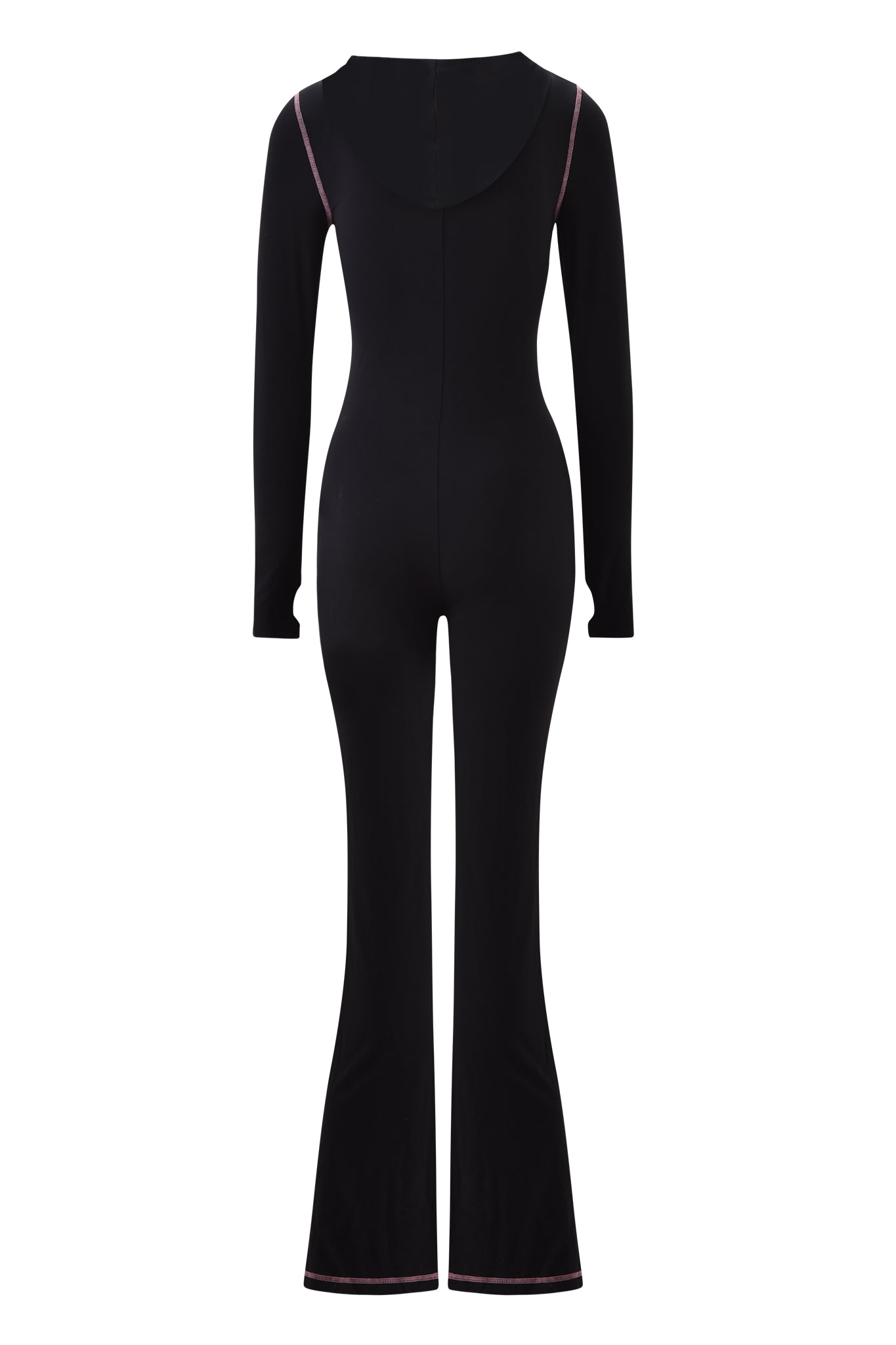 The BLARE JUMPSUIT - BLACK by I.AM.GIA features a fitted, long-sleeved design with flared legs and subtle pink seam detailing, shown from the back against a white background.