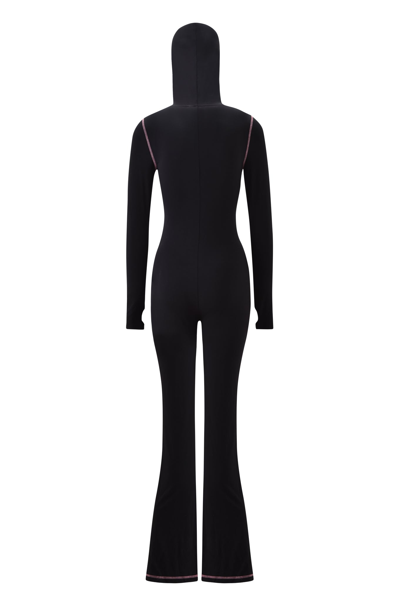 The BLARE JUMPSUIT - BLACK by I.AM.GIA features long sleeves, flared legs, a hood, and modern pink stitching accents at the shoulders and hem. Shown from the back, this sleek jumpsuit offers standout style.