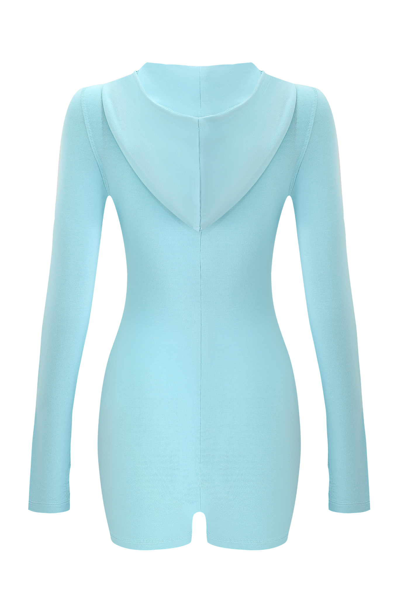 The BLARE ROMPER - AQUA by I.AM.GIA features a long-sleeved, bodycon fit with a hood in aqua blue, shown from the back against a plain background.