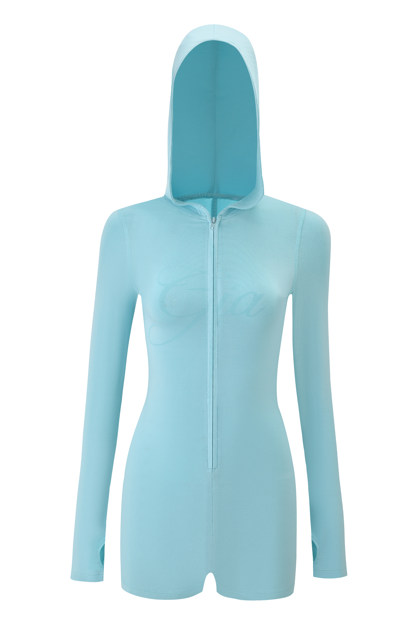 The BLARE ROMPER - AQUA by I.AM.GIA is a sleek, aqua blue, long-sleeve fitted hooded zip-up piece with subtle chest text and a bodycon silhouette, shown on a minimalist mannequin.