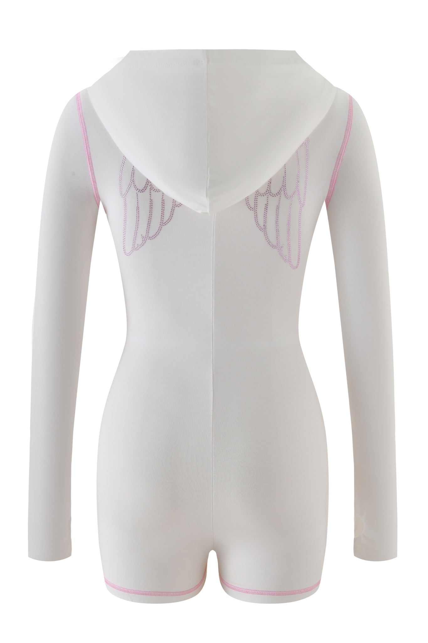 The BLARE ROMPER - WHITE ANGEL by I.AM.GIA is a white bodycon mini romper with a hood, light pink trim, and stitched angel wings on the back, shown against a plain white background.