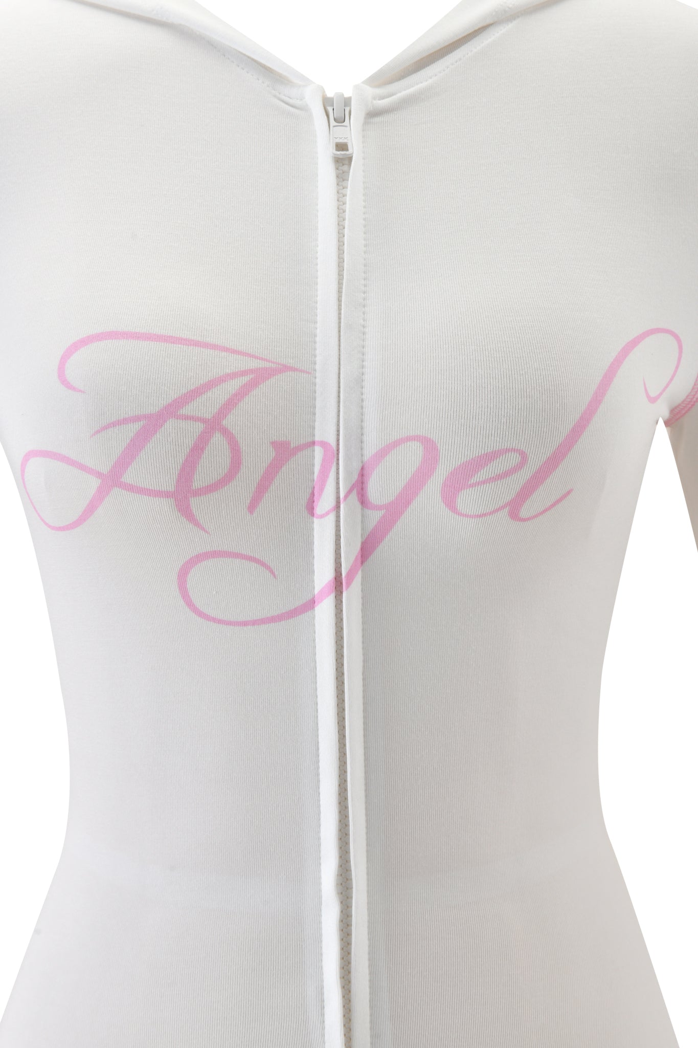 A close-up of the I.AM.GIA BLARE ROMPER - WHITE ANGEL, featuring a zip-up front and "Angel" in bold pink cursive across the chest.