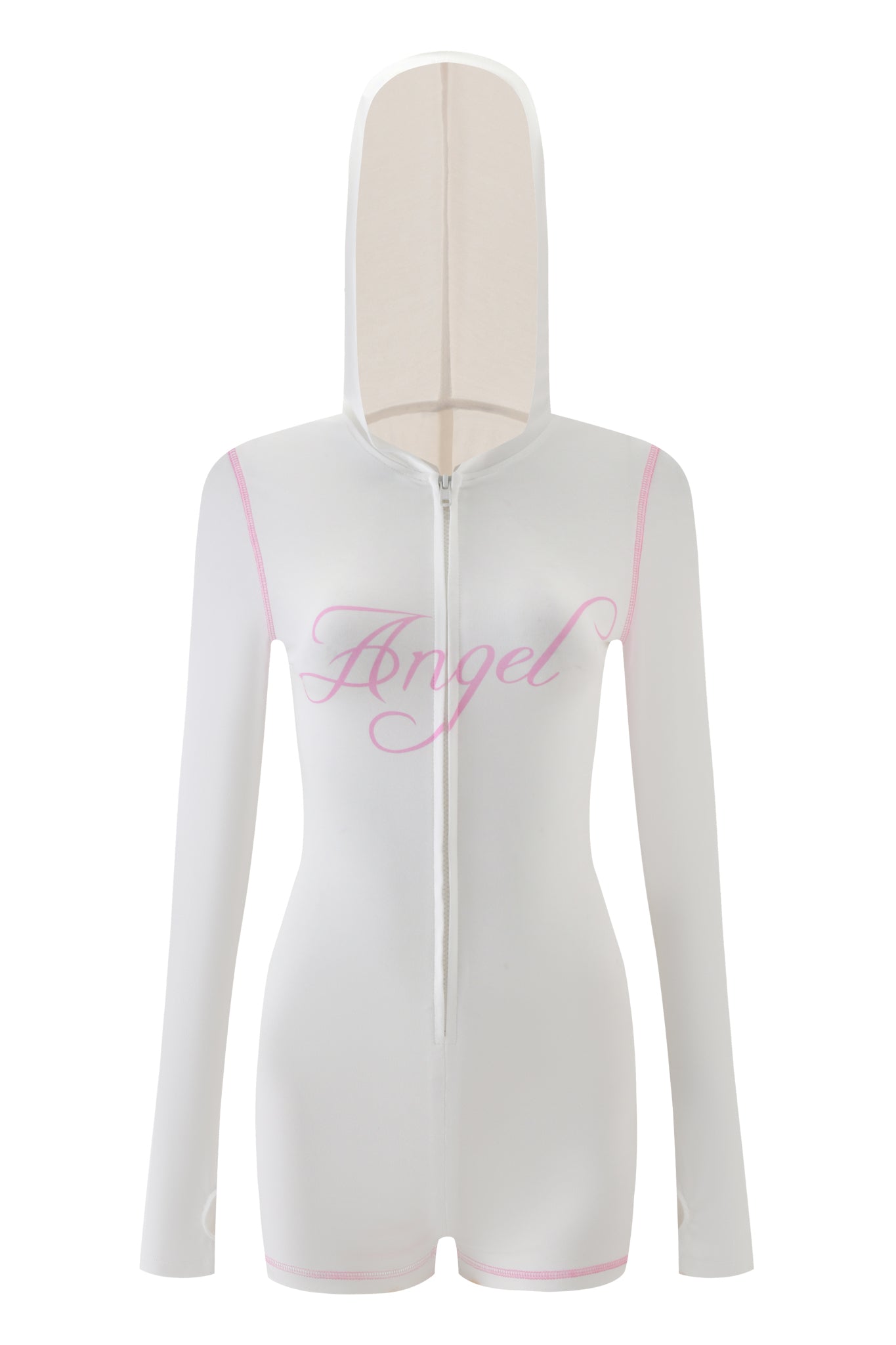 The BLARE ROMPER - WHITE ANGEL by I.AM.GIA is a white, long-sleeve hooded mini romper with a front zipper, light pink trim, and "Angel" in pink script on the chest for a cute, trendy look.