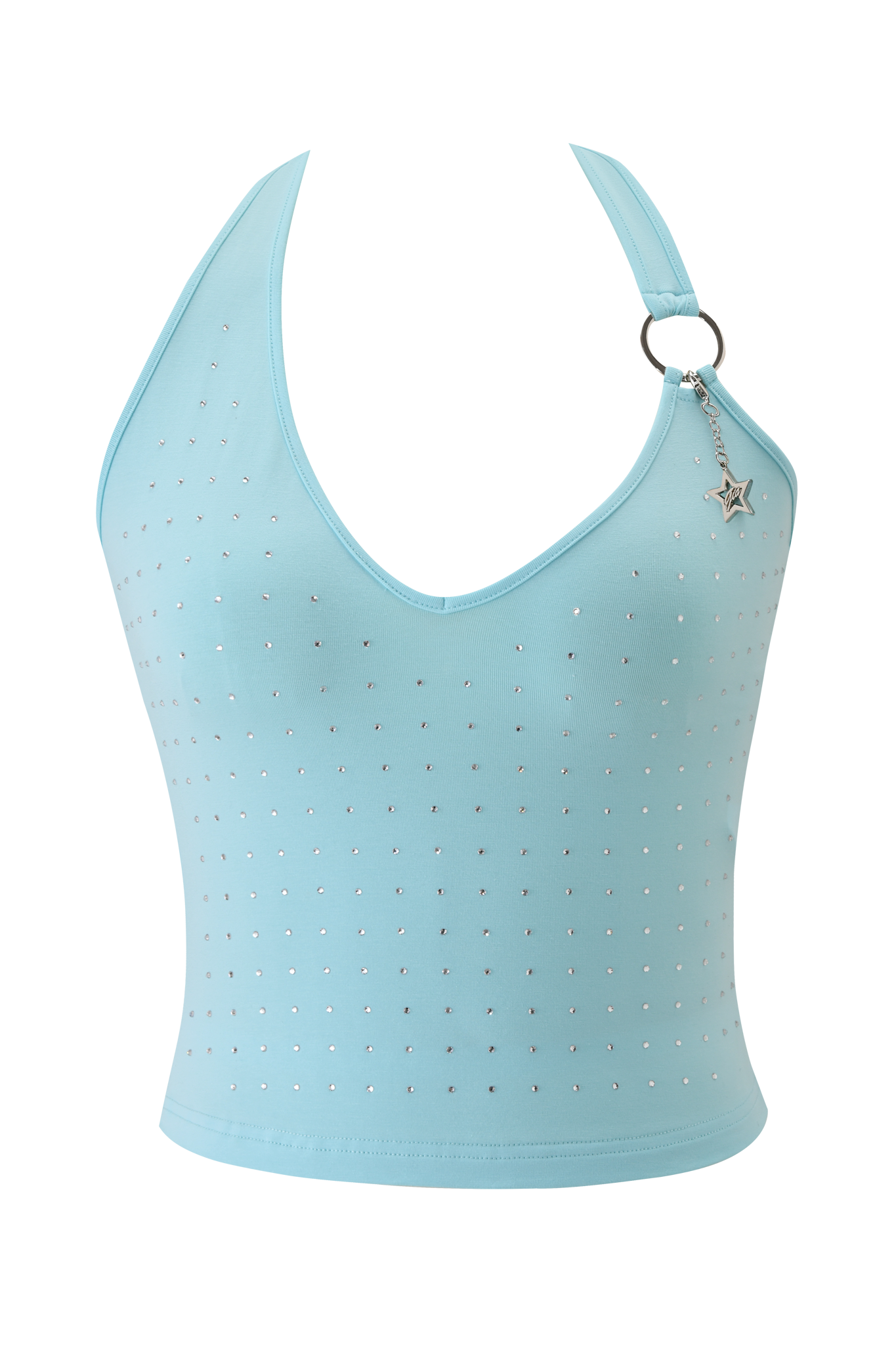 The BUBBLES TOP - AQUA by I.AM.GIA is a body-con halter top in aqua blue, featuring a V-neckline, silver studs in a grid pattern, and finished with a custom GIA star charm and silver ring detail near one strap.