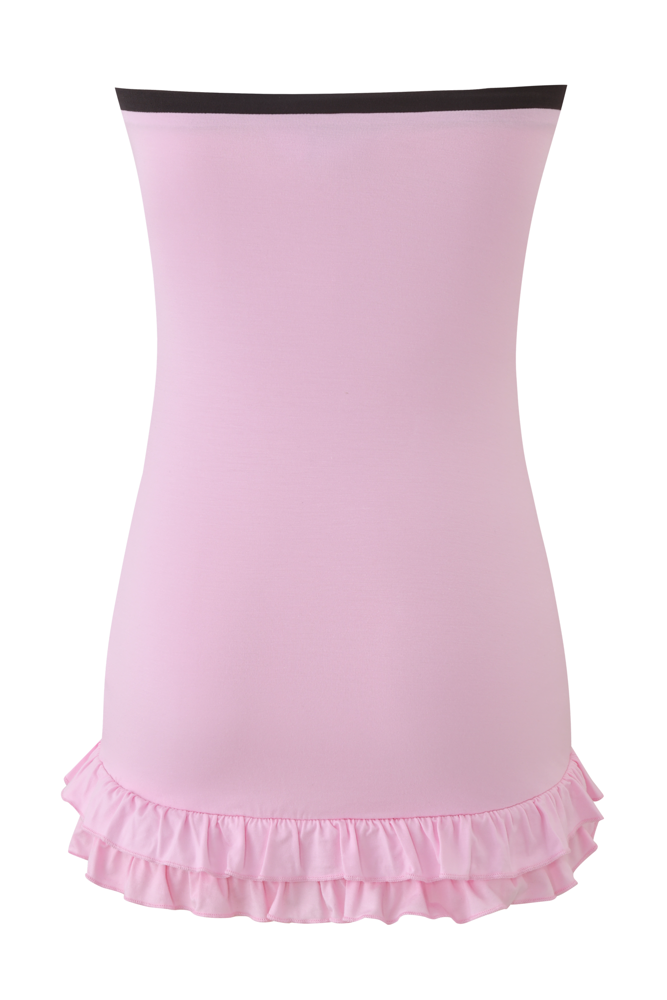 The MICHELLE MINI DRESS - BABY PINK by I.AM.GIA is a light pink, strapless bamboo jersey bodycon dress with a black top band and ruffled hem trim.