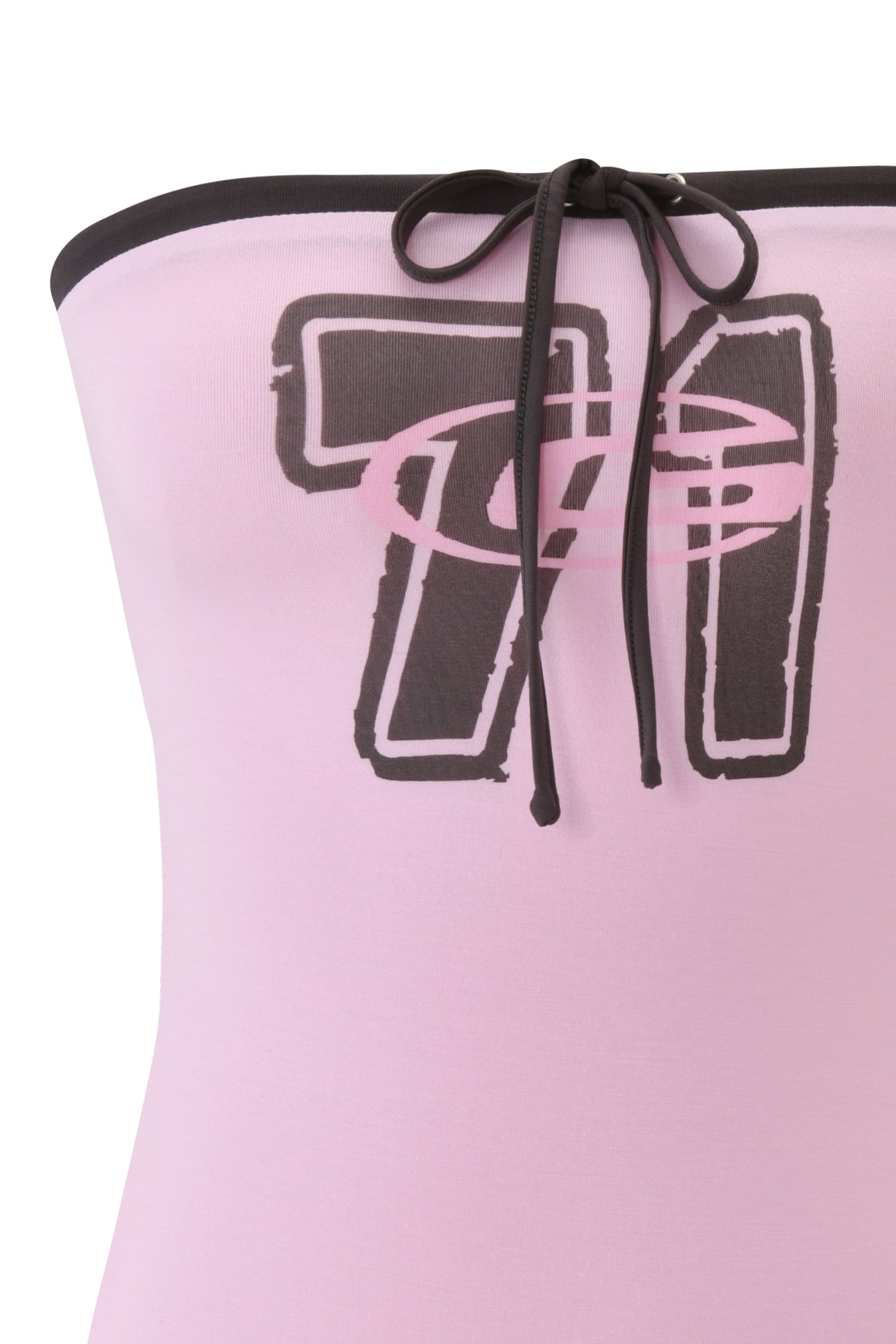A close-up of the I.AM.GIA MICHELLE MINI DRESS in baby pink, a strapless bamboo jersey dress with black trim and front tie, featuring bold "71" and an oval graphic in black and pink on the chest.