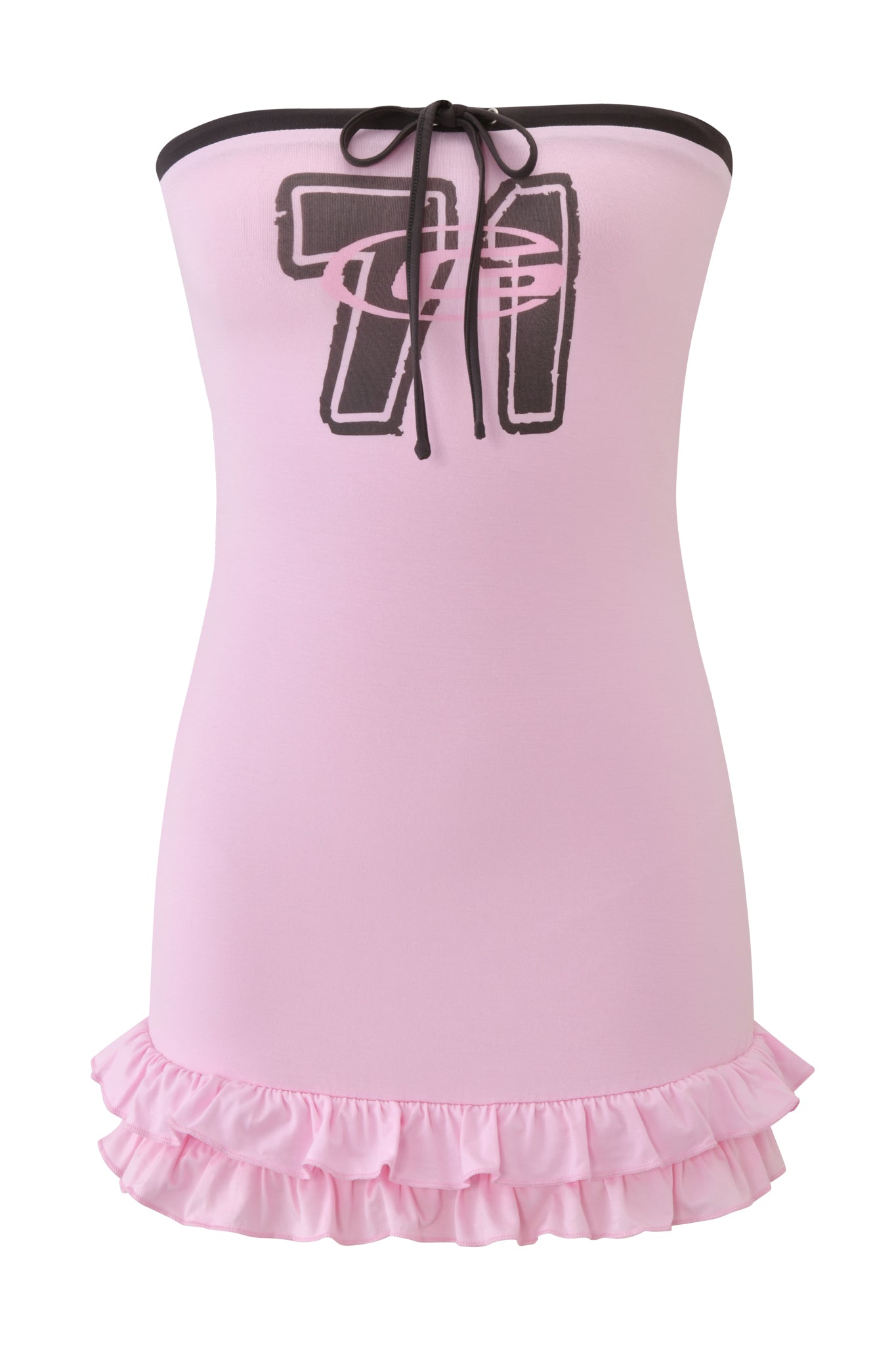 The MICHELLE MINI DRESS - BABY PINK by I.AM.GIA is a strapless bodycon dress with a black "77" graphic on the chest, black tie detail at the top, and a double-layered ruffled hem.