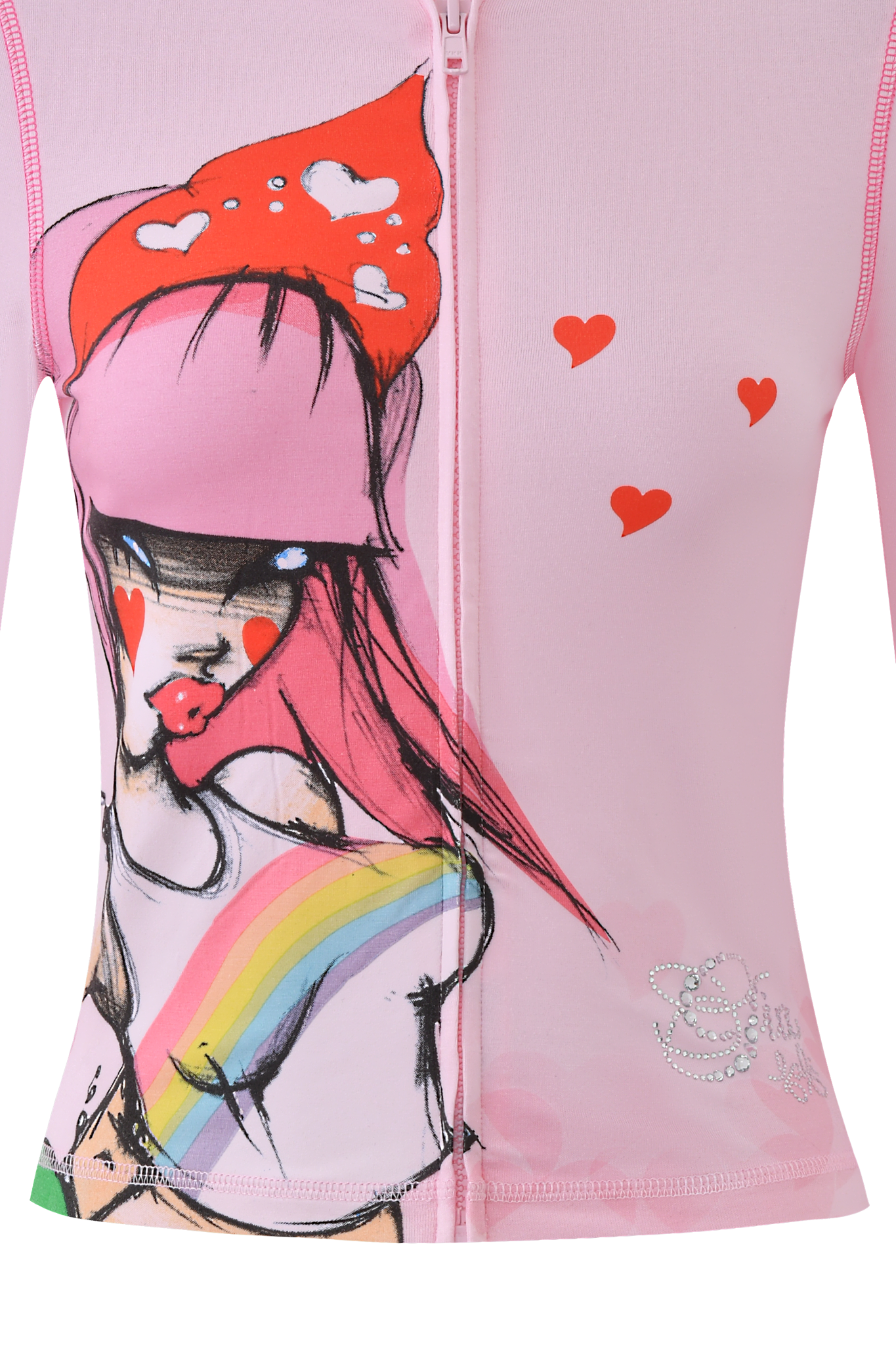 The FAFI BLARE HOODIE - BABY PINK by I.AM.GIA showcases vibrant FAFI artwork: a woman with pink hair, red hearts on her face, red lips, a rainbow on her chest, and floating red hearts.