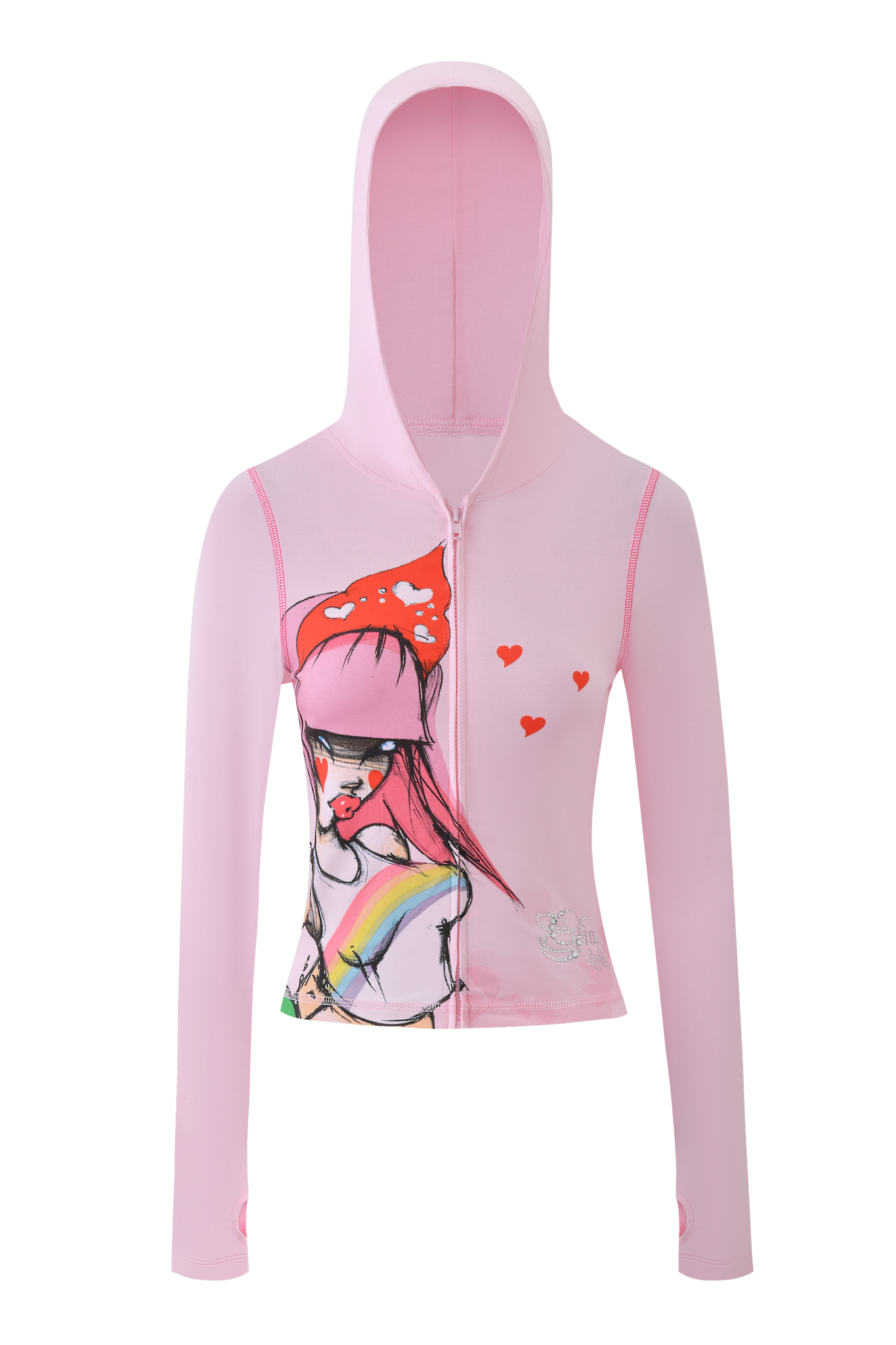 The I.AM.GIA FAFI BLARE HOODIE - BABY PINK is a light pink zip-up hoodie with a hood, featuring an illustrated girl in a cap, red hearts, rainbow graphic, and subtle diamanté detailing on the front.