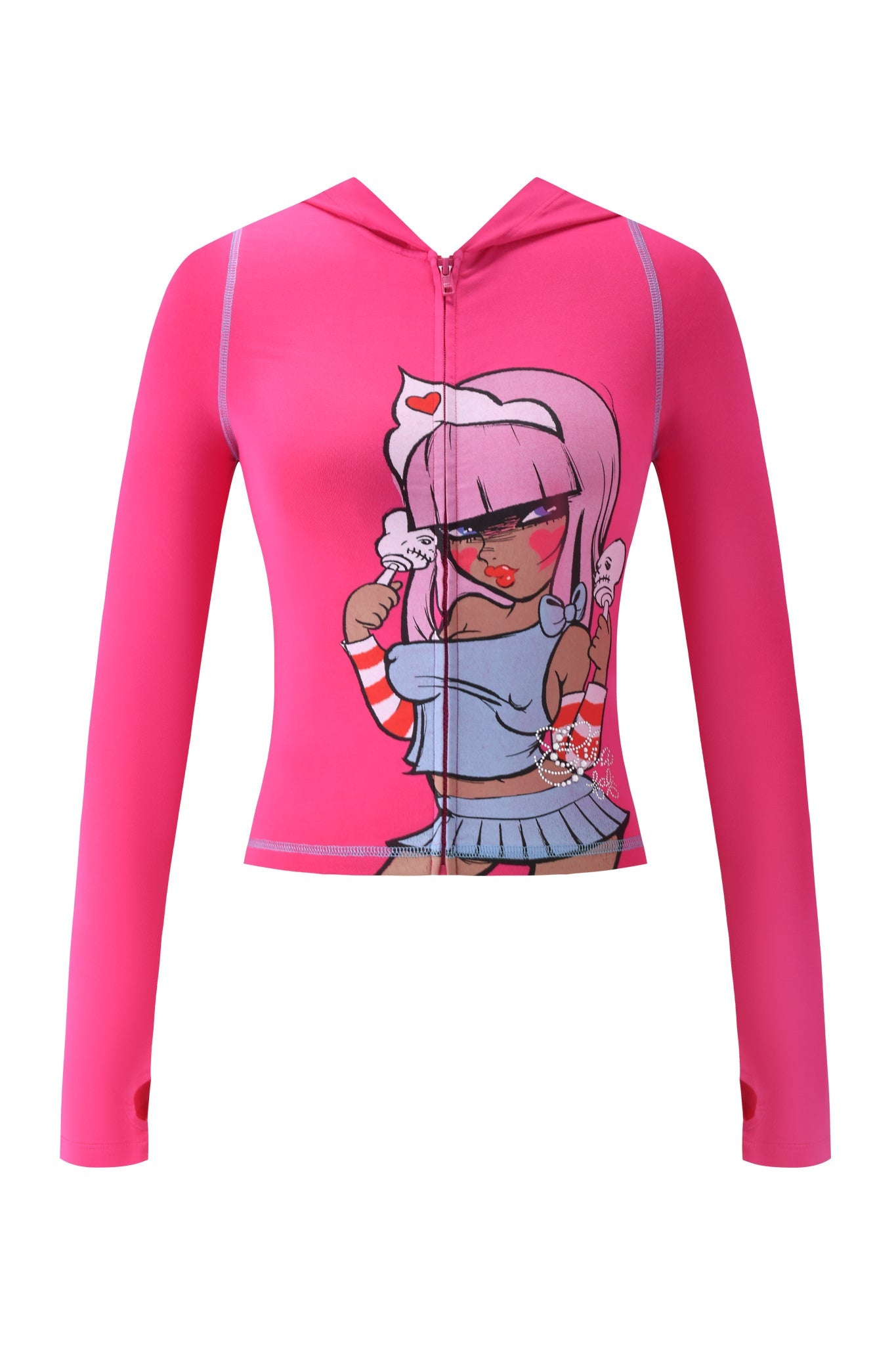 The FAFI BLARE HOODIE - HOT PINK by I.AM.GIA showcases a cartoon girl with pink hair in a nurse hat and blue outfit holding a bone, plus red and white accents—part of the standout Fafi collaboration.