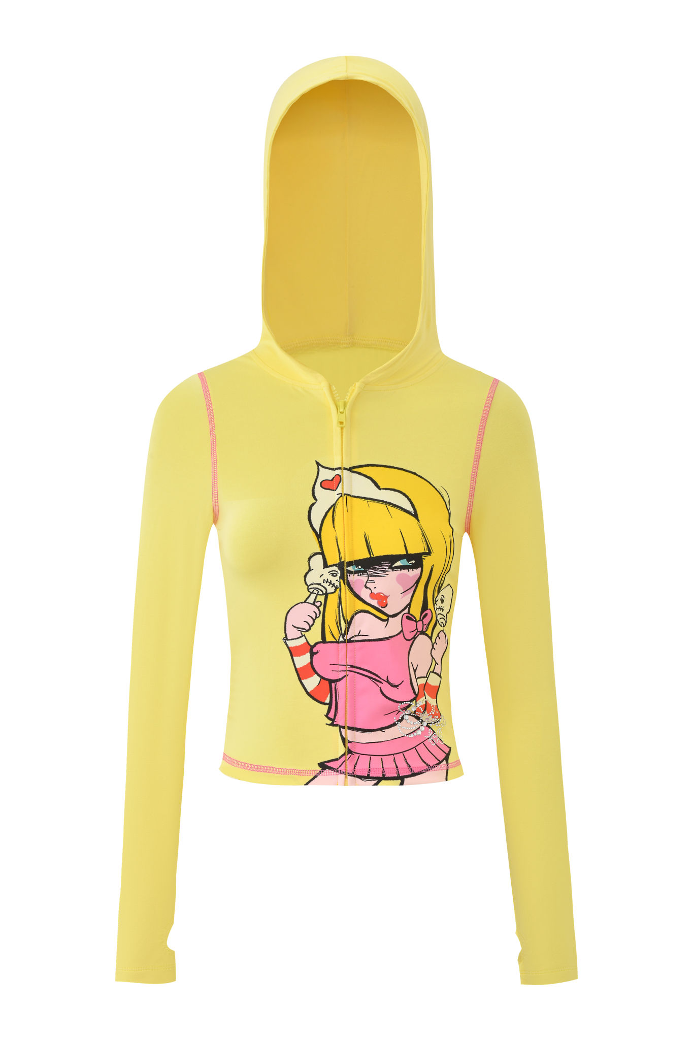 The I.AM.GIA FAFI BLARE HOODIE in yellow is a hooded bodysuit with a front zipper, featuring an exclusive cartoon graphic of a blond girl in pink holding two melting ice cream cones on a matching yellow background.