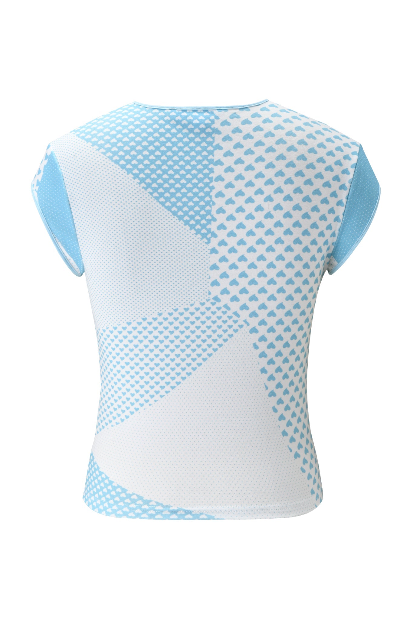 Back view of the I.AM.GIA FAFI TOP - BLUE, a fitted crop with cap sleeves and a patchwork design featuring light blue and white geometric and dotted patterns.