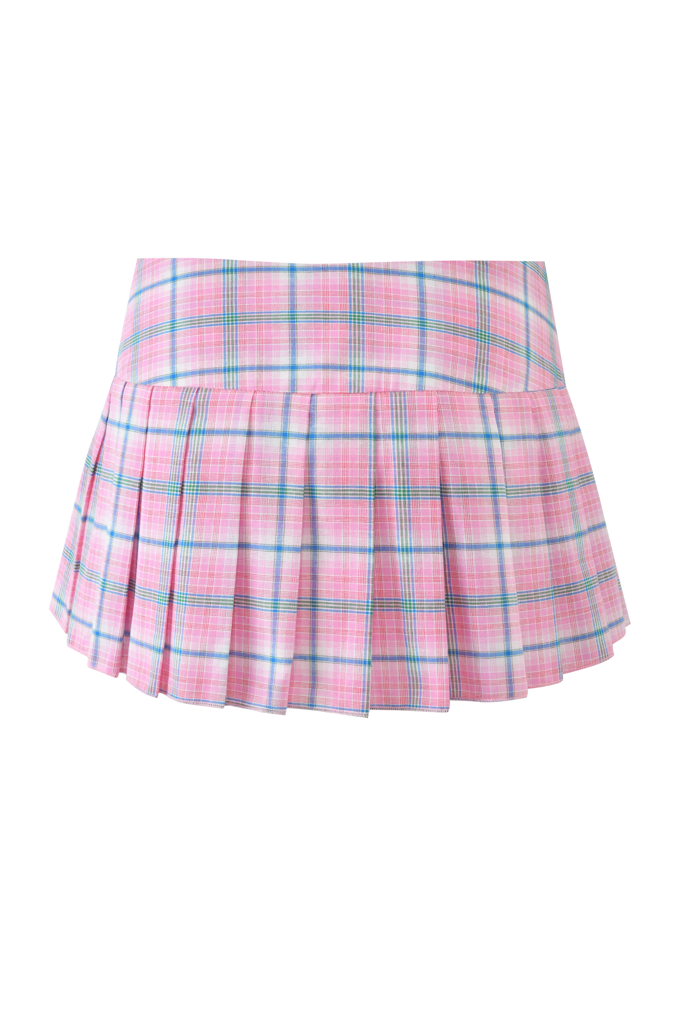 The I.AM.GIA REMINI SKORT in pink plaid is a micro-mini pleated skort with a stylish low-rise waist and a pink, blue, and white plaid pattern.