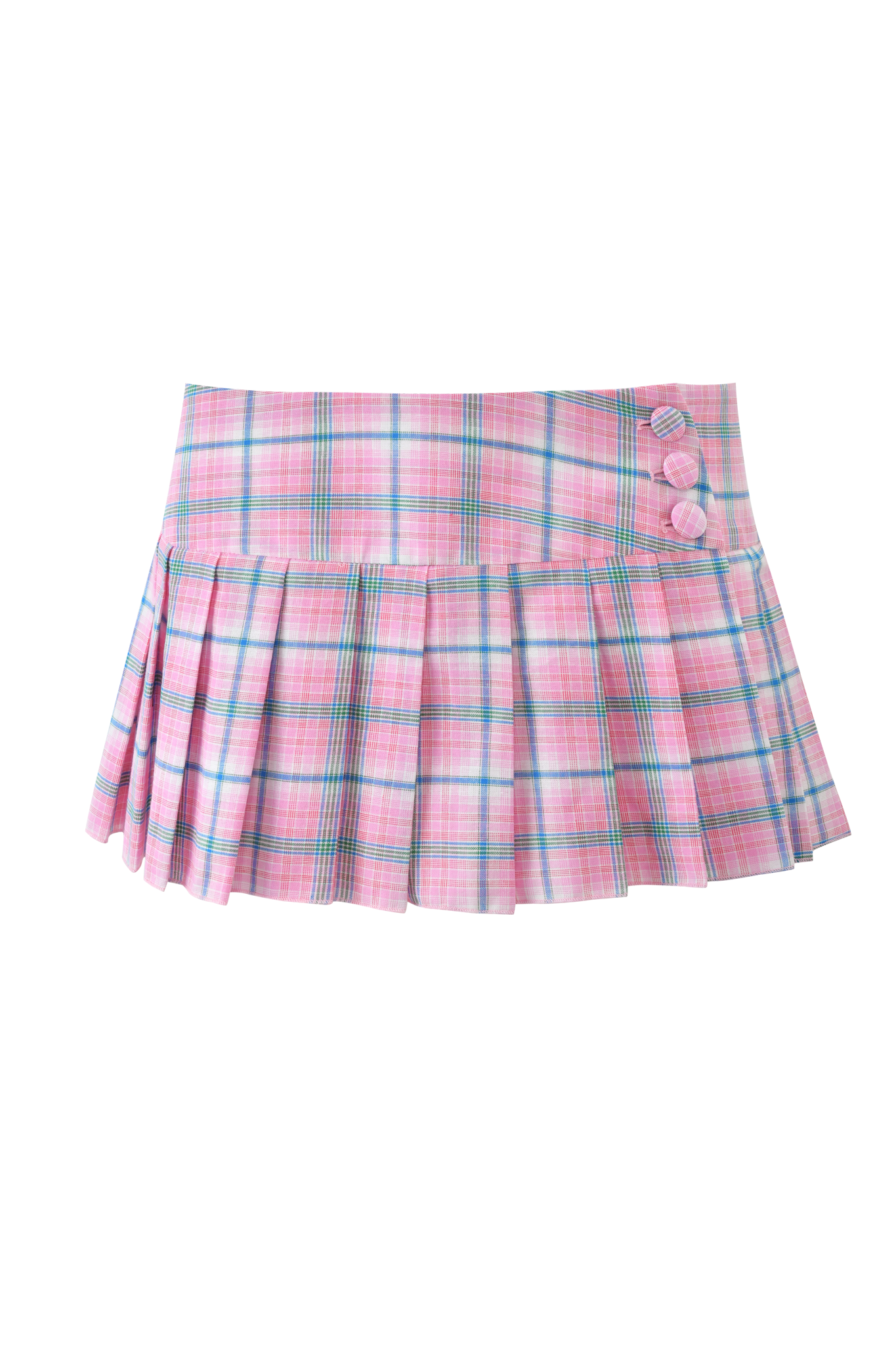 The REMINI SKORT - PINK PLAID by I.AM.GIA is a low-rise pleated mini skort featuring three side buttons on the waistband.