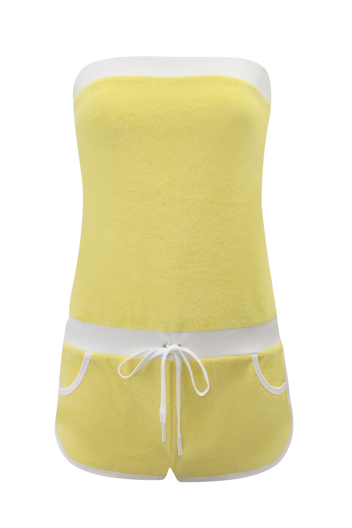 The GOLDIE ROMPER - YELLOW by I.AM.GIA features a pastel yellow terry cloth boob tube design with white trim, dolphin hem shorts, two front pockets, and a white waist drawstring, shown on a plain background.