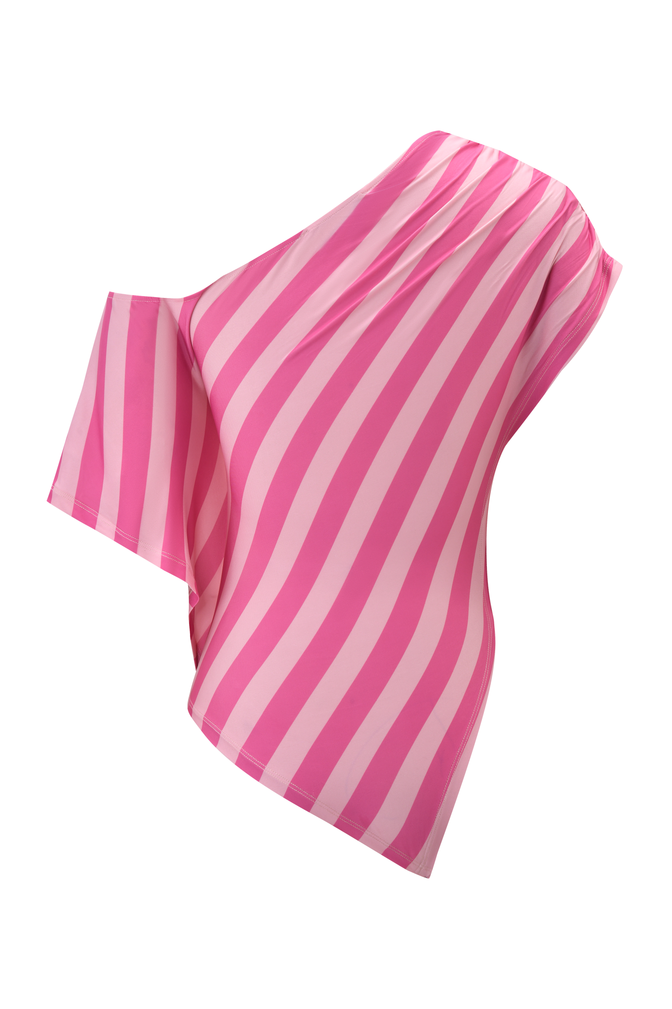 The I.AM.GIA JOVIE TOP - PINK STRIPE features a poncho style silhouette with bold and light pink diagonal stripes, mirroring the matching striped patterns in the background for a coordinated look.