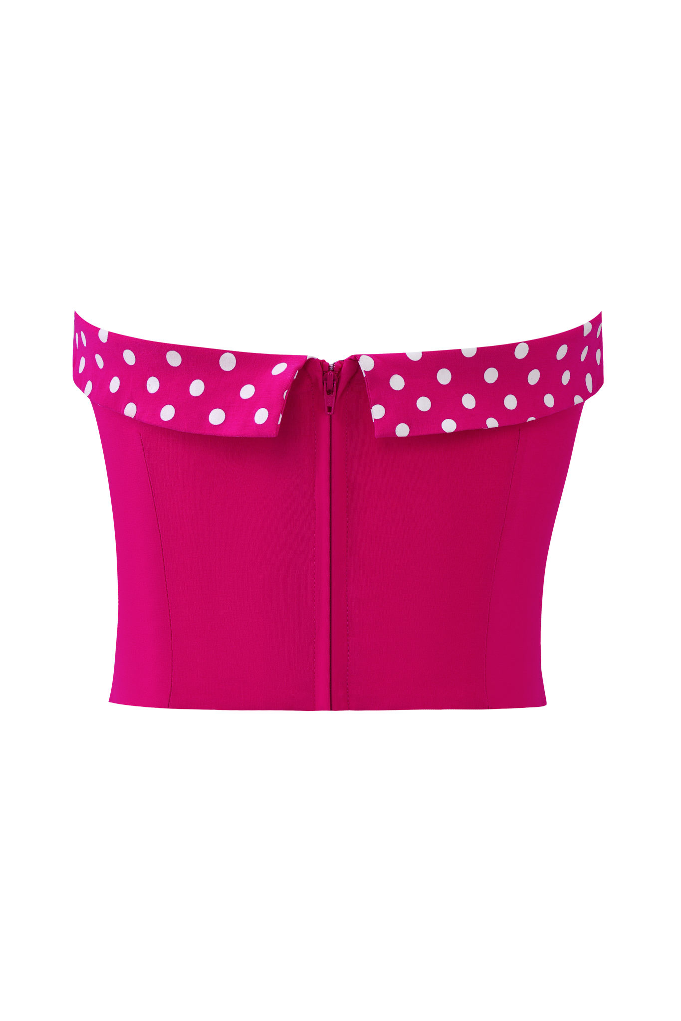 The QUINN TOP by I.AM.GIA is a bright pink, body-con top with a white polka dot waistband and a visible back zipper.