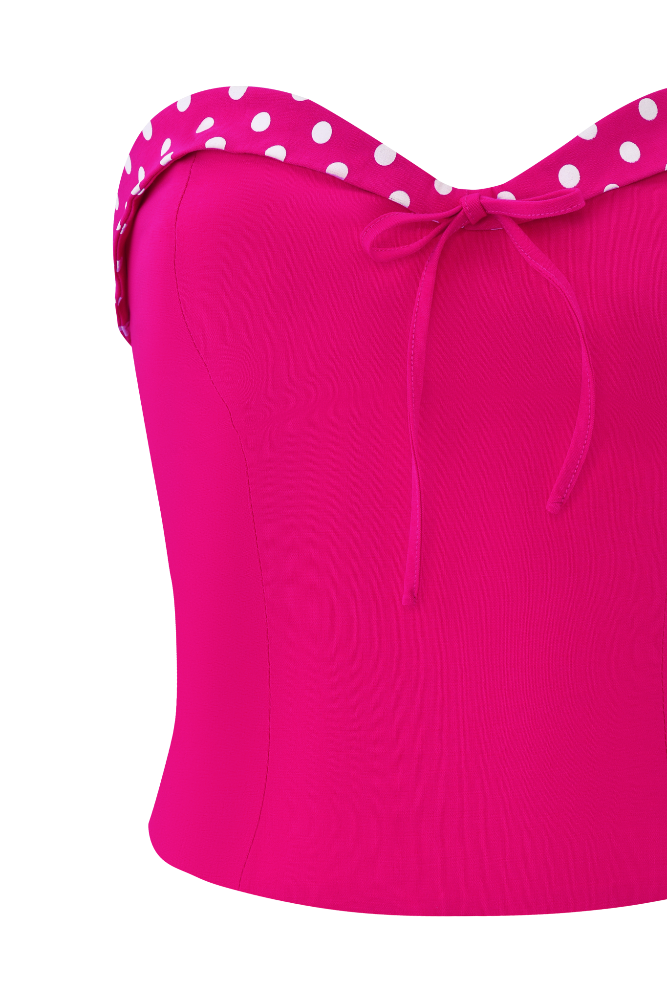 The QUINN TOP - PINK by I.AM.GIA is a bright hot pink, bustier-style strapless top with a sweetheart neckline, white polka dot trim, center bow detail, and body-con fit for a flattering look.