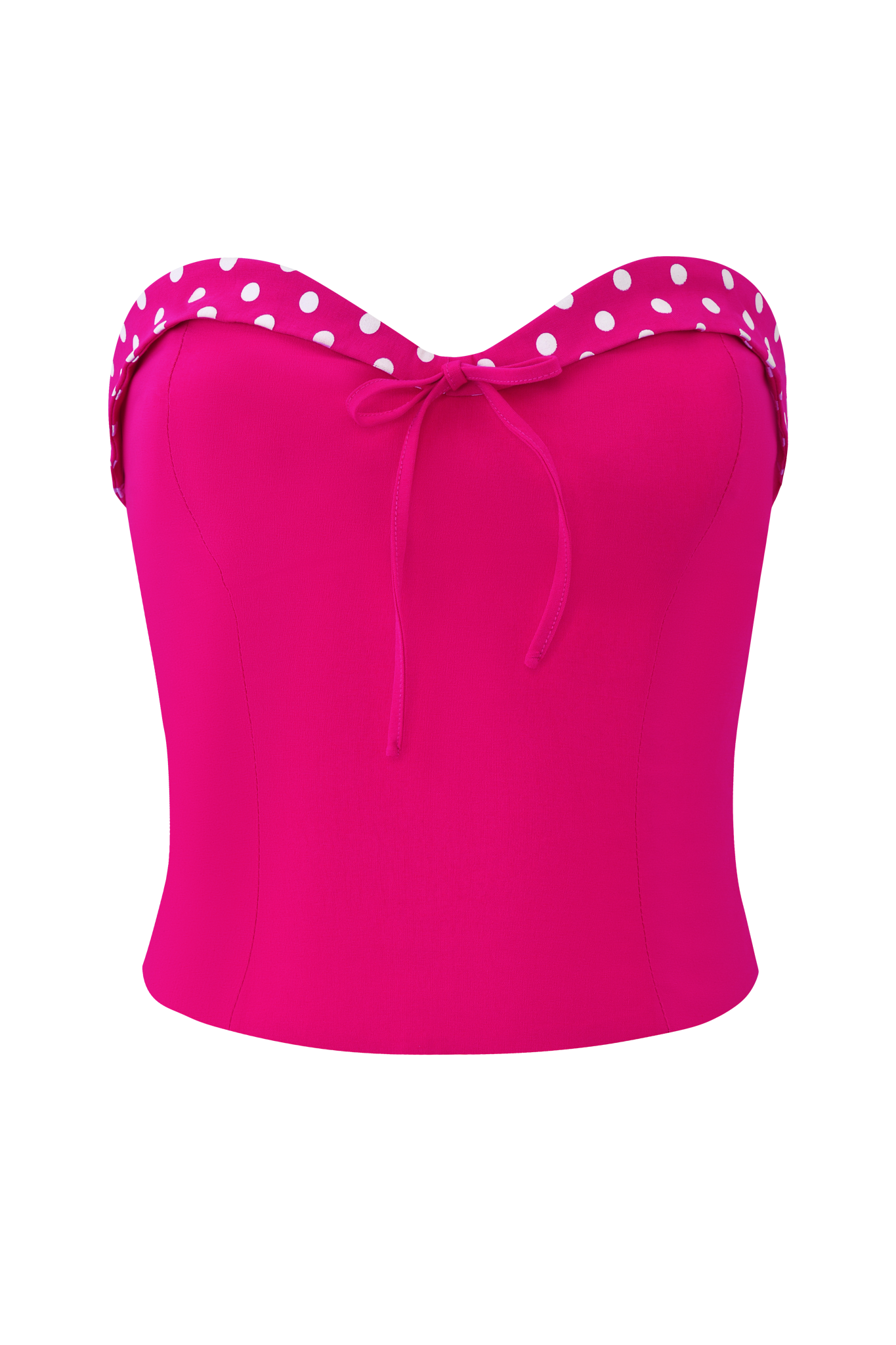 The QUINN TOP - PINK by I.AM.GIA is a bright pink strapless crop top with a sweetheart neckline, body-con fit, polka dot trim along the top edge, and a front tie detail at the center.