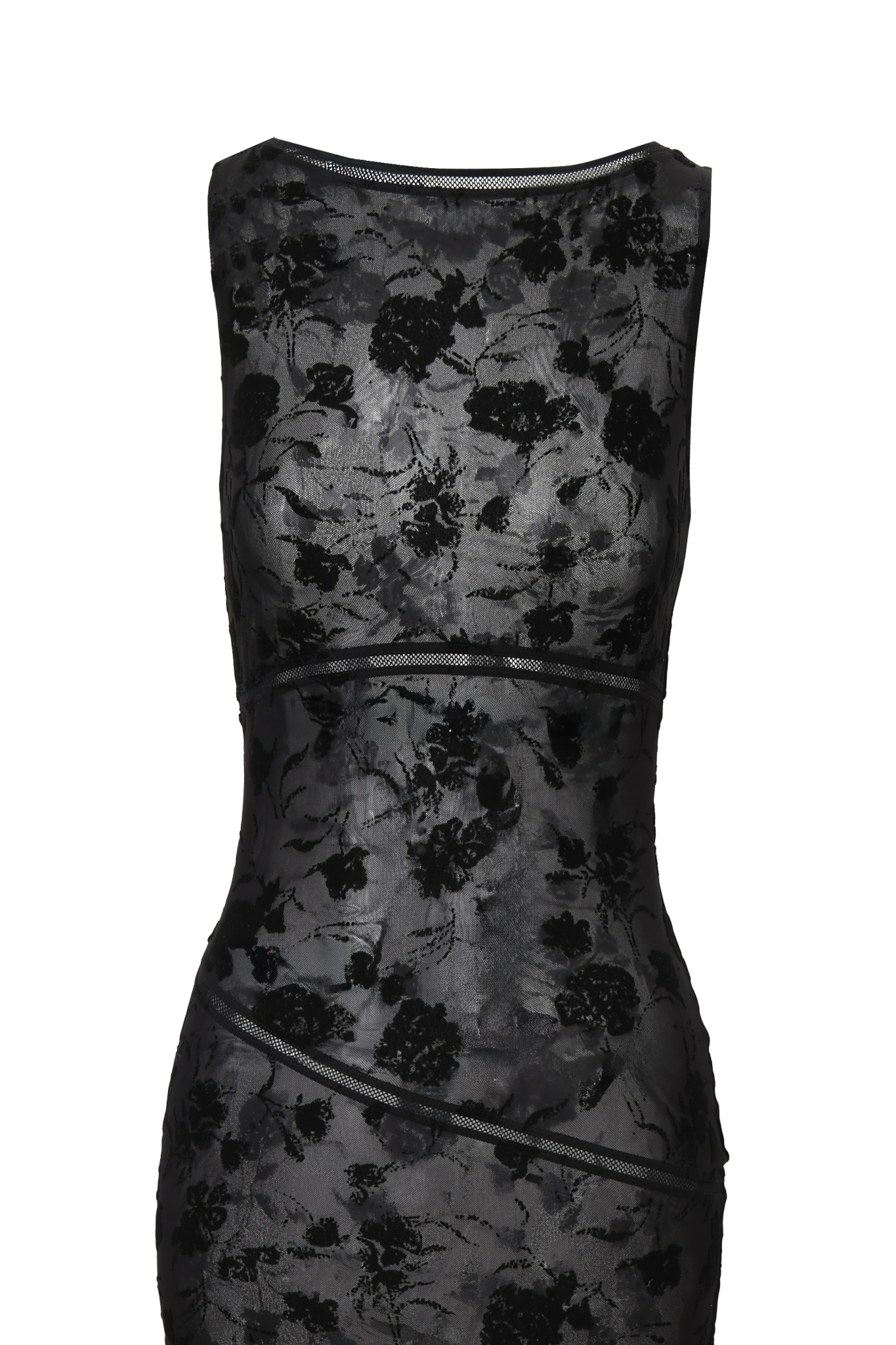 The VENETIA MAXI DRESS - BLACK by I.AM.GIA is a sleeveless sheer maxi with a floral devoré velvet finish and mesh details along the bodice and waist, shown against a neutral background.