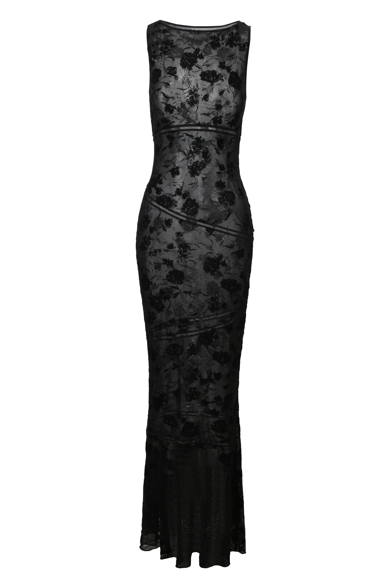 The VENETIA MAXI DRESS - BLACK by I.AM.GIA is a sleeveless, floor-length sheer dress with a fitted silhouette and a luxurious black velvet floral burnout overlay.