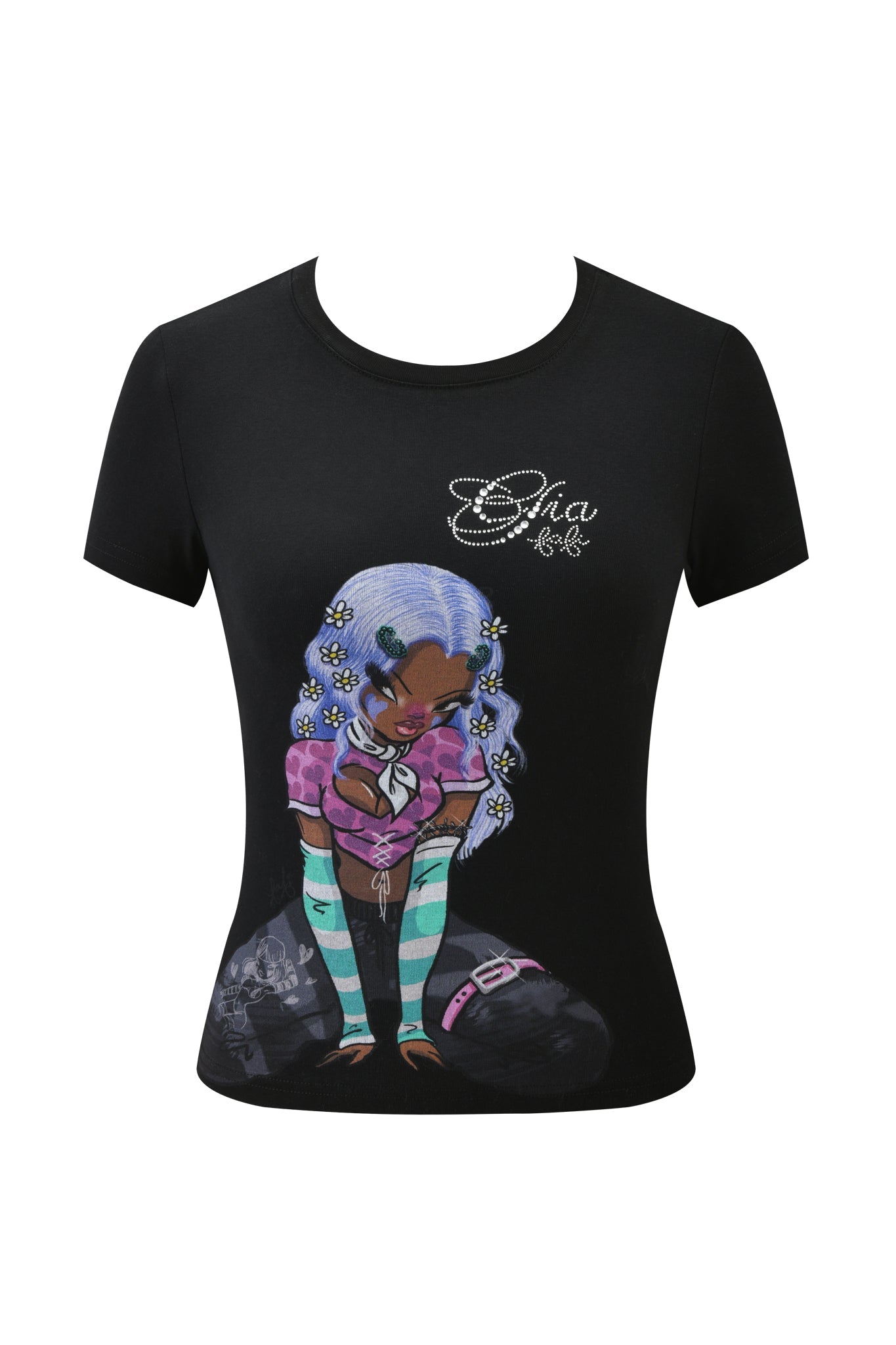 The I.AM.GIA FAFI T-SHIRT - BLACK features a graphic of a purple-haired character with green striped sleeves and a pink top, accented by sparkling diamanté "Chic" text above the image.