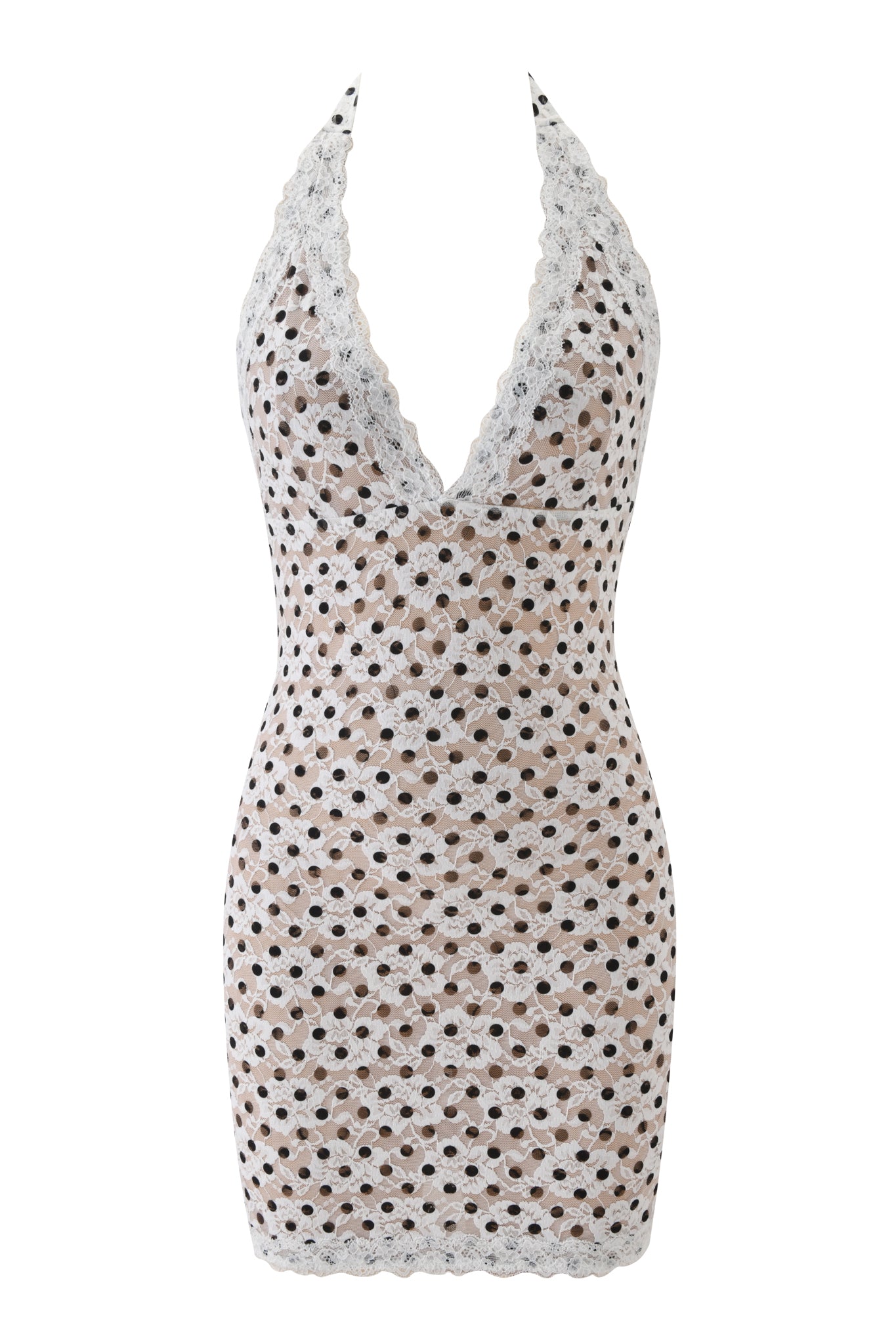 The I.AM.GIA GEM MINI DRESS - WHITE is a sleeveless halter-neck bodycon mini dress with a deep V-neckline, crafted from white lace with black polka dots and finished with scalloped edges.