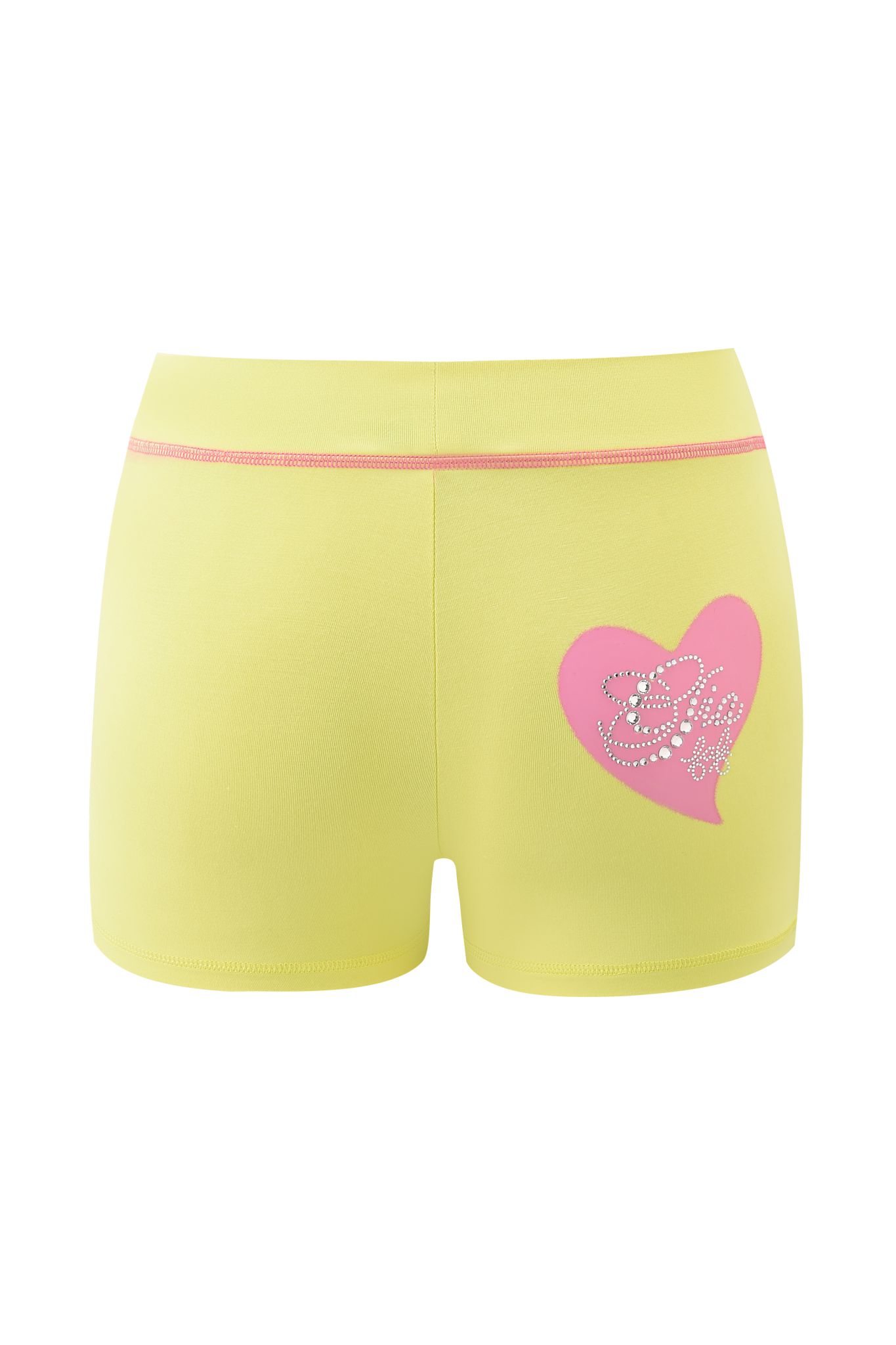 The FAFI BLARE SHORT - YELLOW by I.AM.GIA features a pink elastic waistband and a pink heart graphic with "Barbie" in white rhinestone-style lettering on the back.