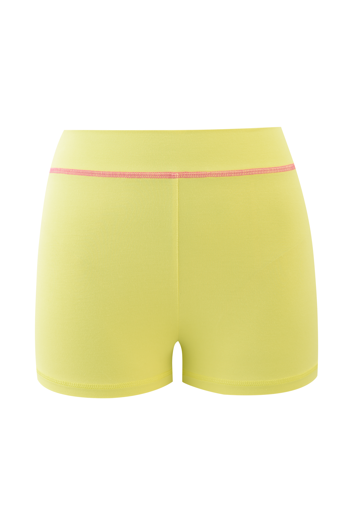 The I.AM.GIA FAFI BLARE SHORT - YELLOW features a visible center seam, thin pink waistband, stretchy bamboo fabric, and a subtle diamanté graphic logo, all showcased against a plain background.