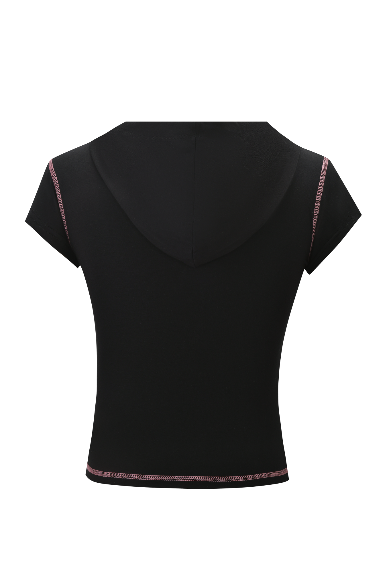 The BLARE CAP SLEEVE HOODIE - BLACK by I.AM.GIA is a cropped bamboo jersey hoodie, shown from the back, with cap sleeves and pink stitching on the edges—ideal for a stylish summer refresh.