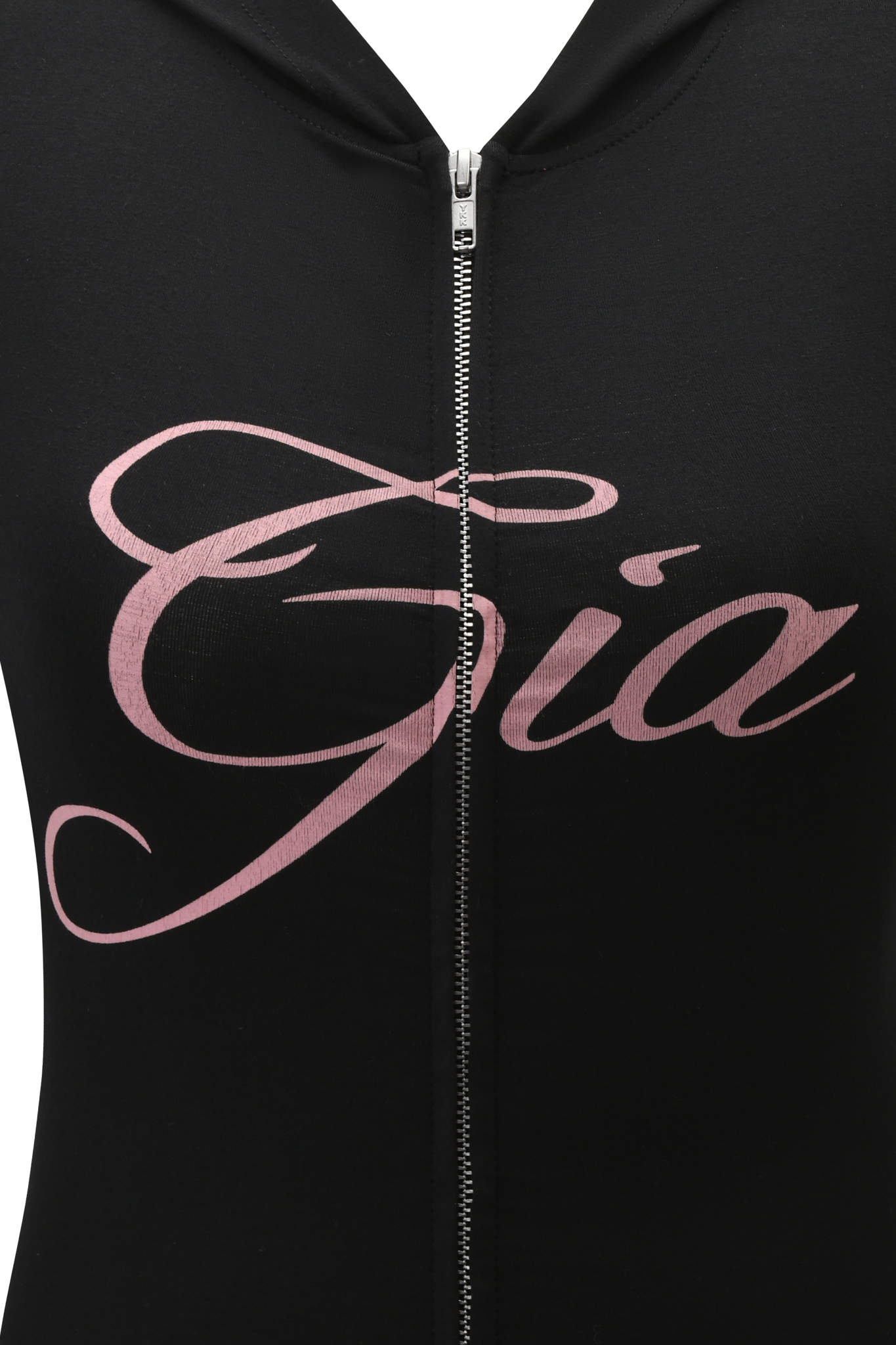 Close-up of the black BLARE CAP SLEEVE HOODIE by I.AM.GIA, featuring "Gia" in large pink cursive across the front—a bold placement print perfect for a summer update.