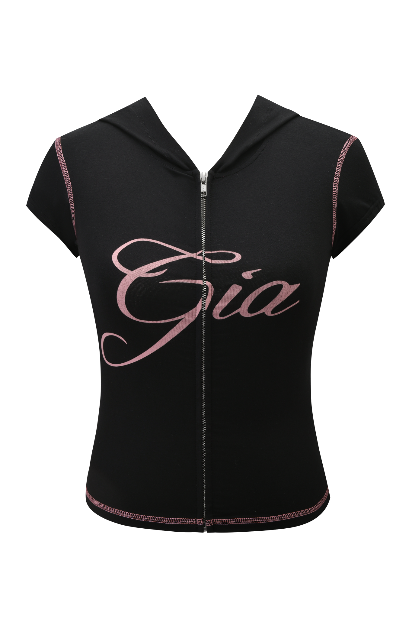 The BLARE CAP SLEEVE HOODIE by I.AM.GIA features black fabric, short sleeves, a zip-up front, pink trim, and a bold pink GIA print—perfect for your summer wardrobe!.