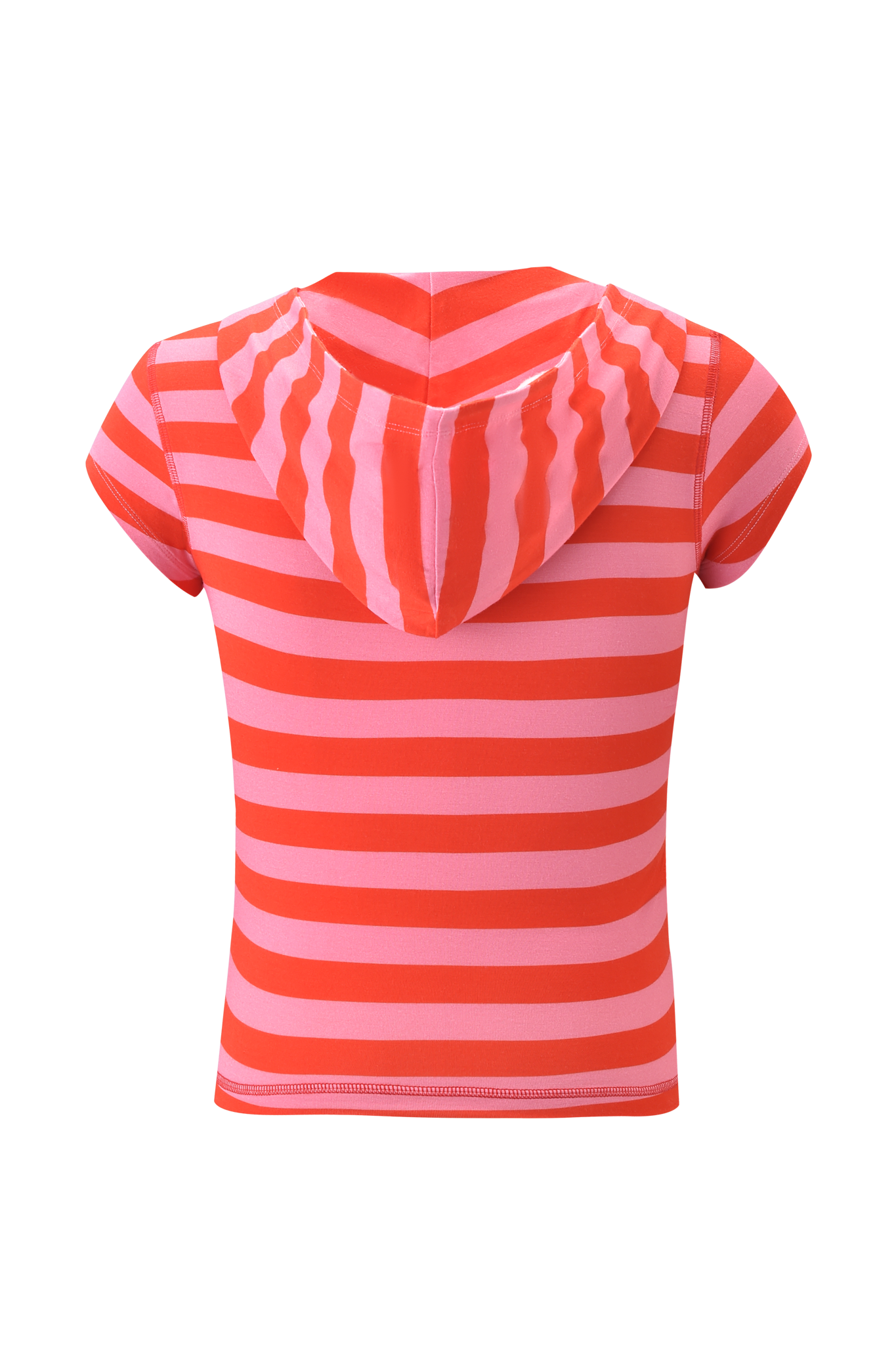 The I.AM.GIA FAFI BLARE CAP SLEEVE HOODIE features pink and red horizontal stripes on a cap sleeve silhouette, with a matching striped hood, shown against a vintage-inspired background for a subtly distressed look.